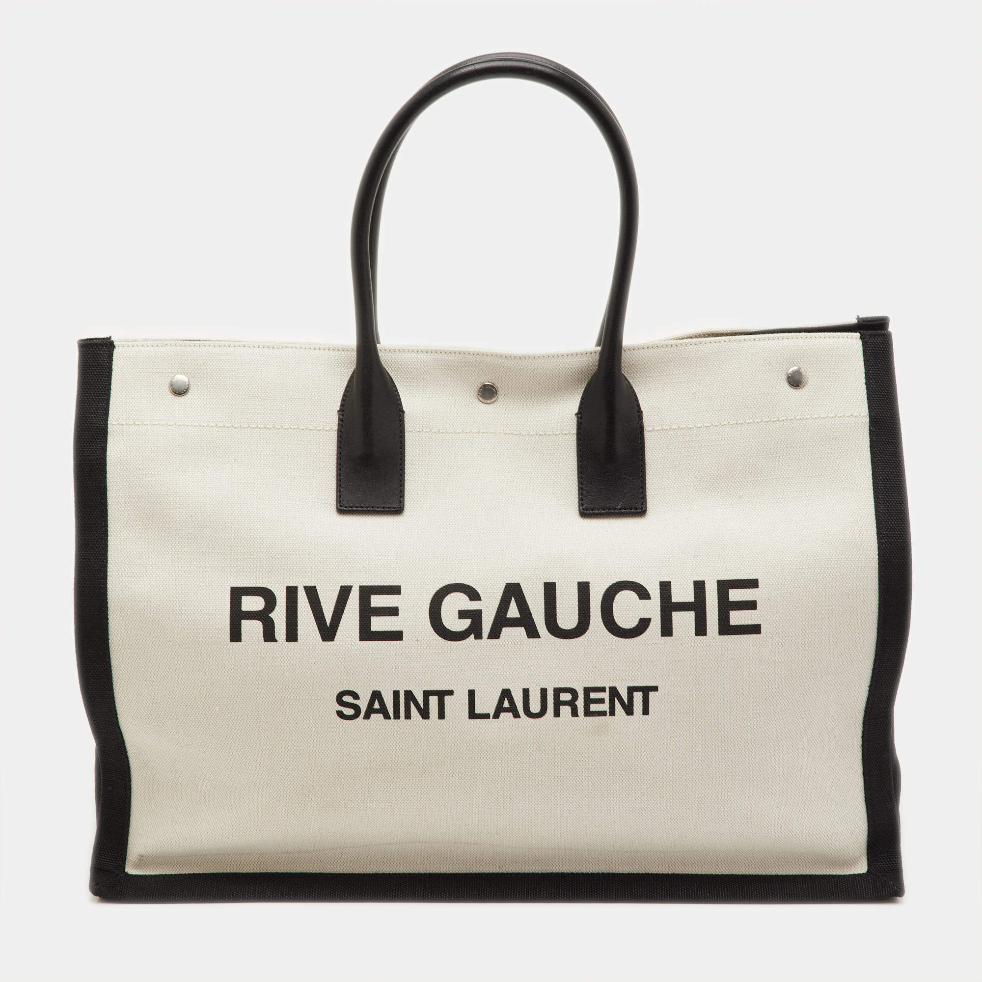 Pre Owned Saint Laurent Rive Gauche Large Beige Canvas Leather Tote