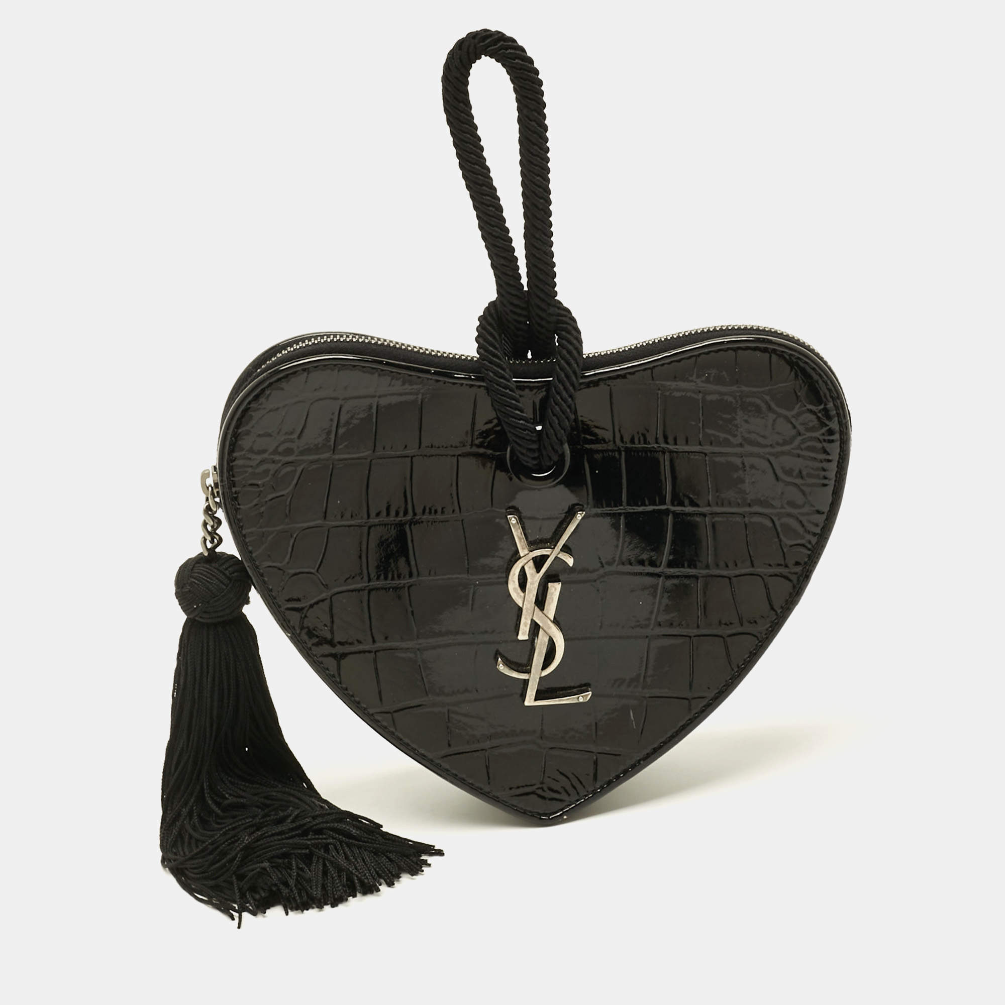 مملوكة مسبقًا Saint Laurent Heart Tassel Black Croc Embossed Patent Leather Clutch