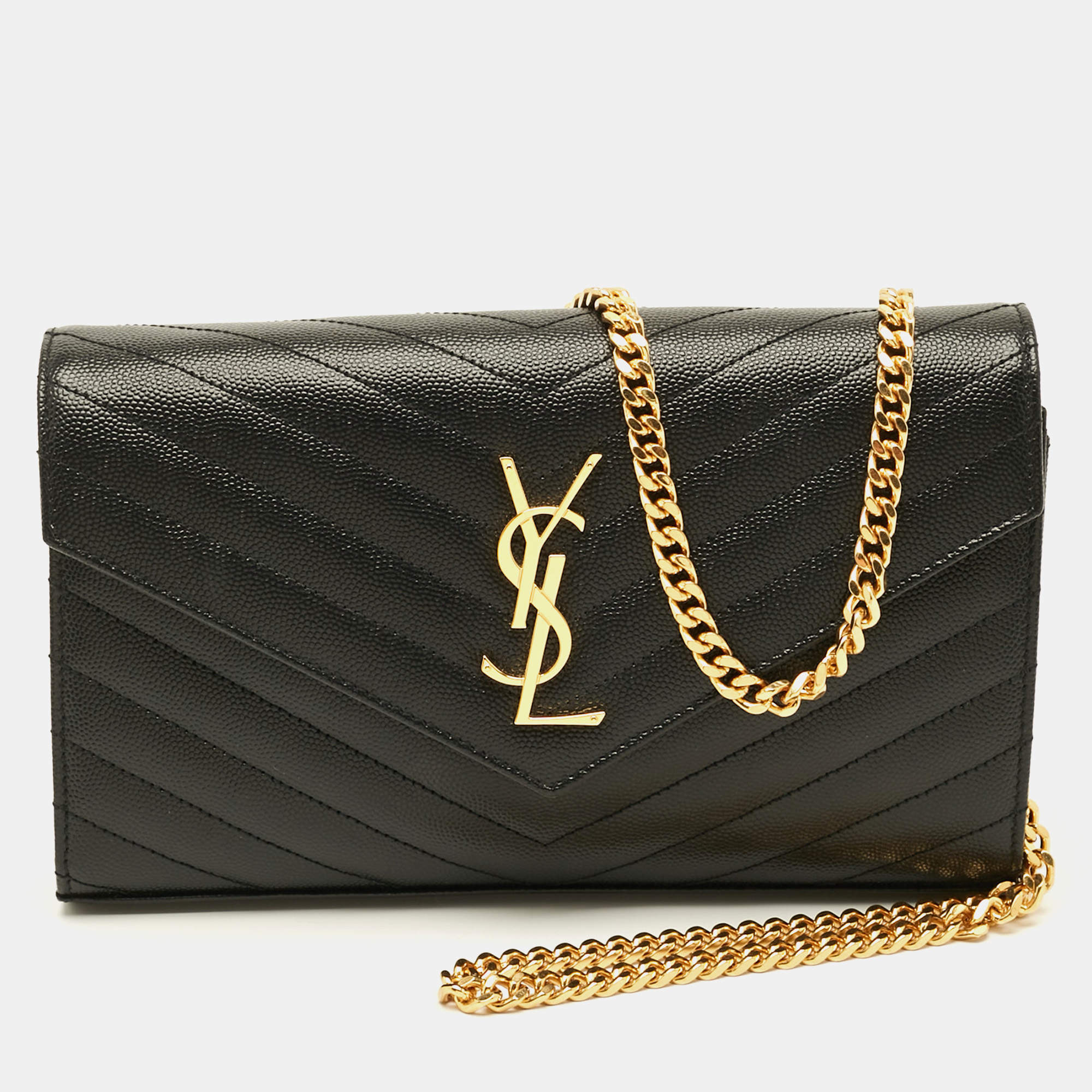 مملوكة مسبقًا Saint Laurent Cassandre Black Matelassé Leather Wallet On Chain