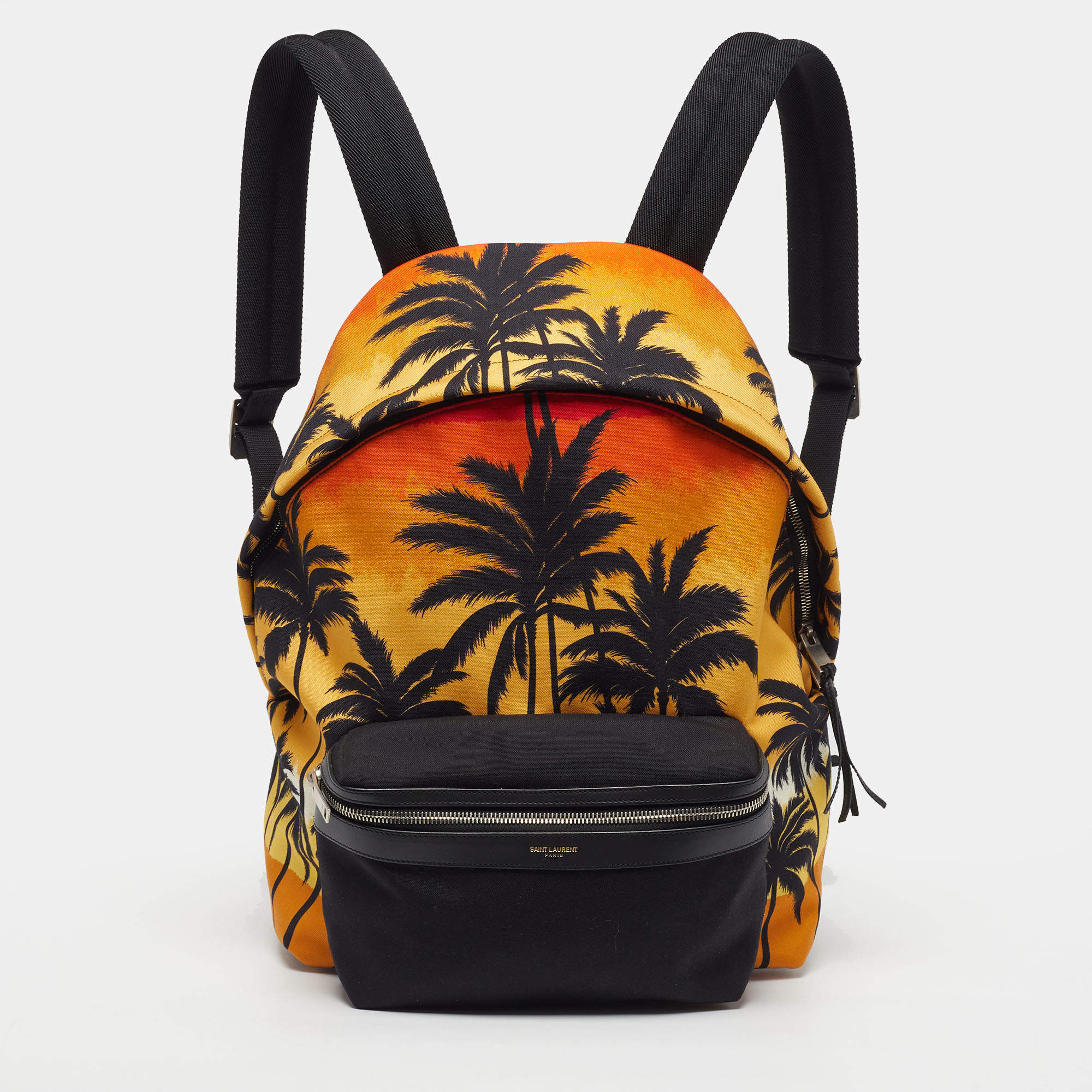Pre Owned Saint Laurent City Orange Palm Tree Sunset Print Canvas Backpack