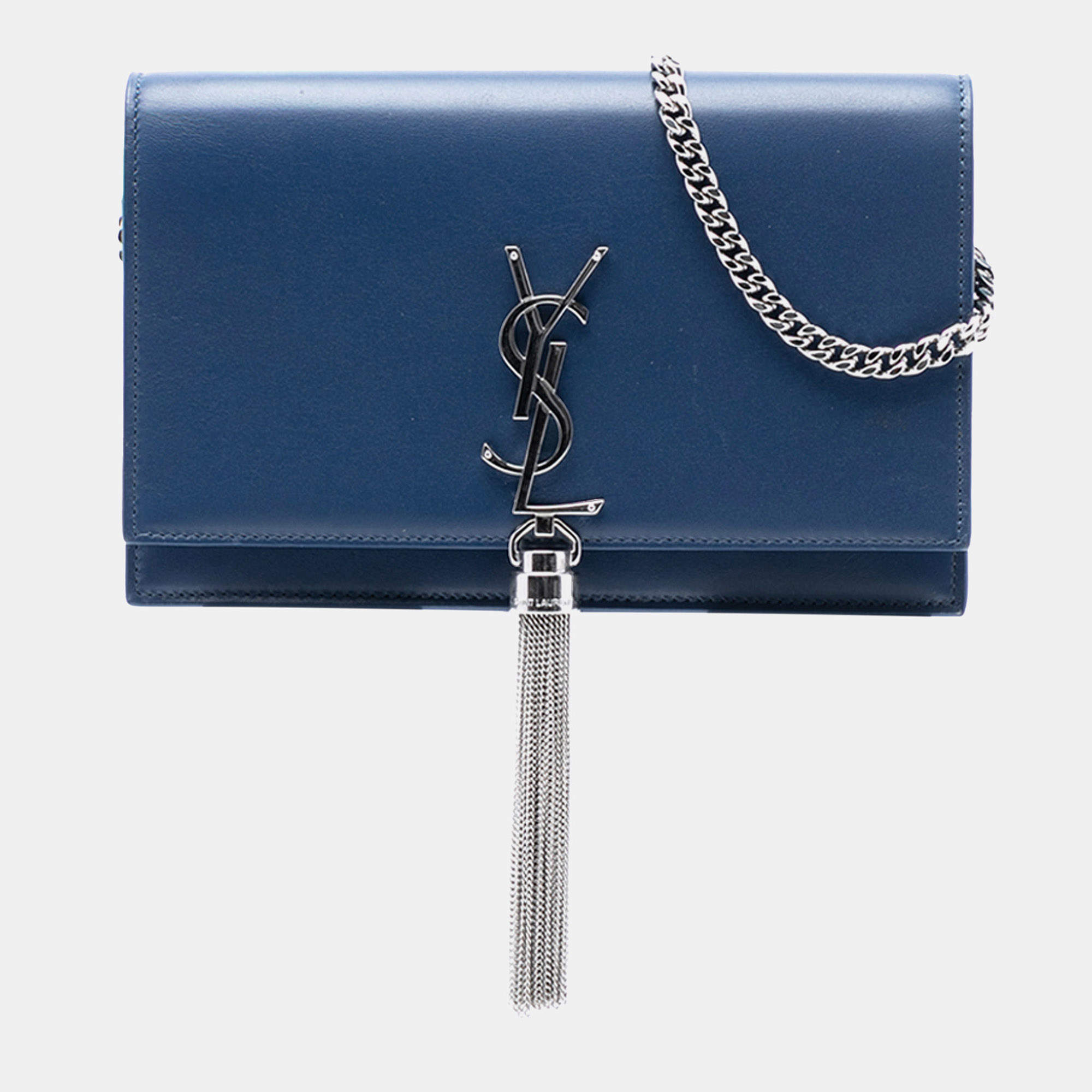 Pre Owned Saint Laurent Paris Blue Smooth Calfskin Monogram Kate Tassel Wallet on Chain