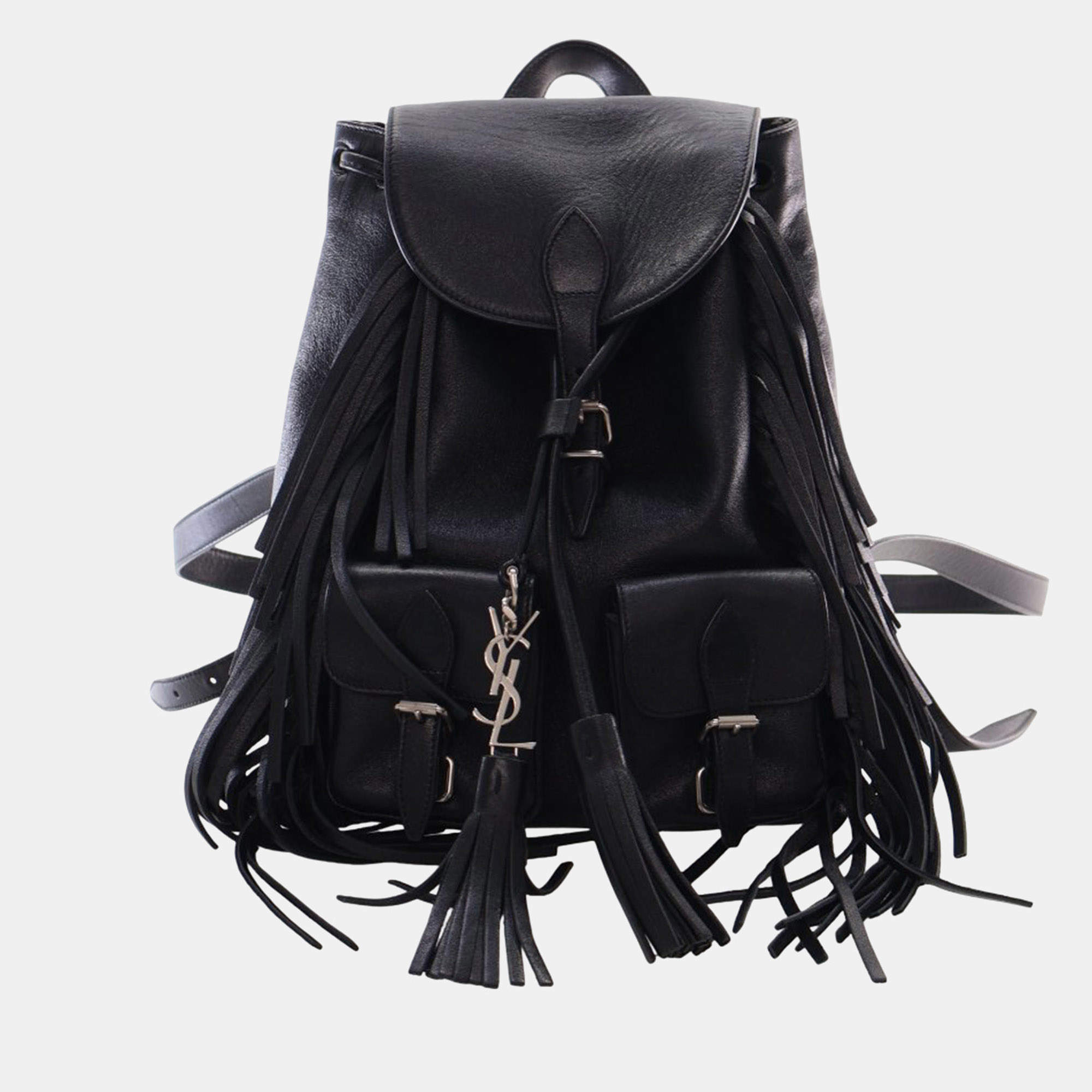Pre Owned Saint Laurent Paris Black Small Calfskin Fringe Festival Backpack