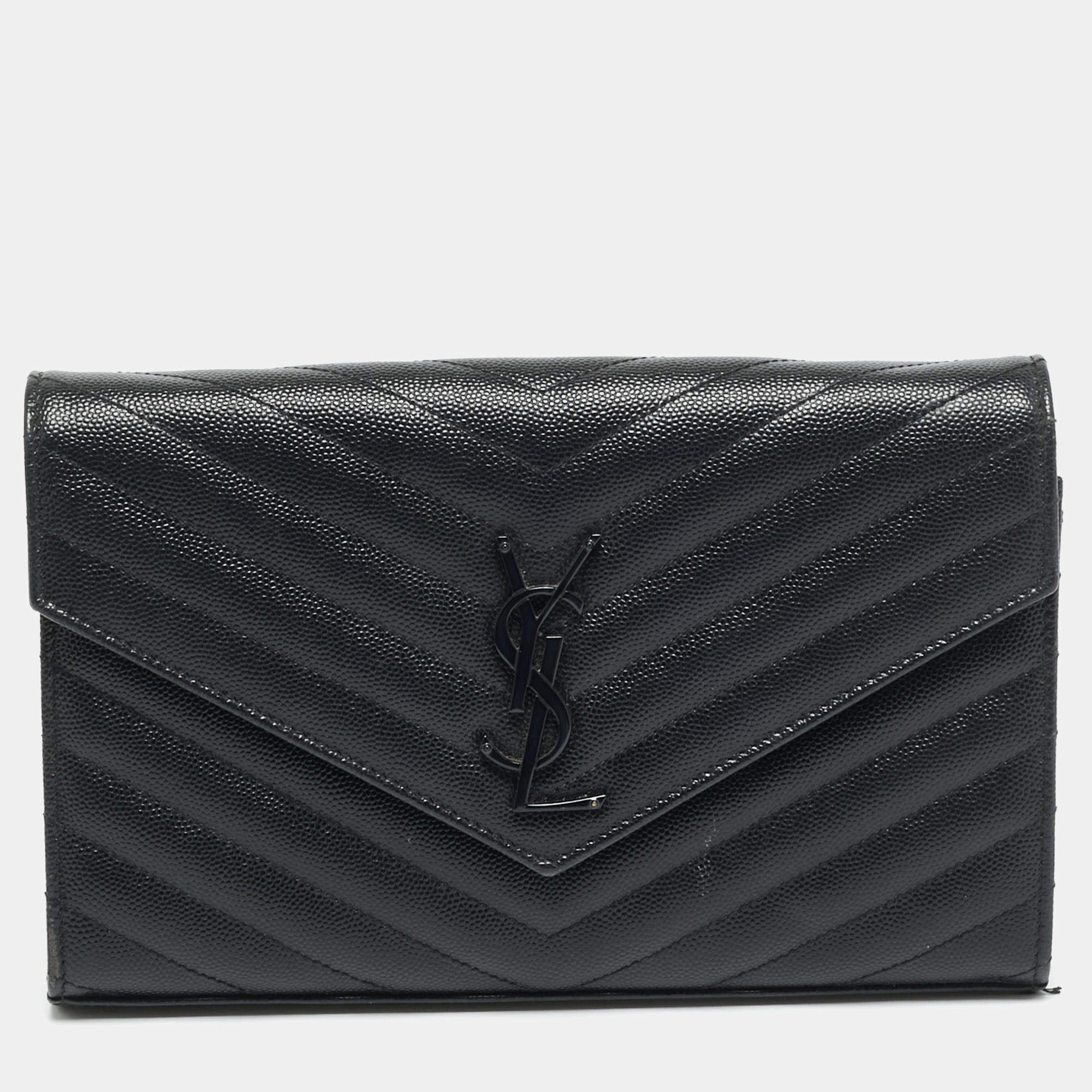 Pre Owned Saint Laurent Envelope Black Matelassé Leather Wallet On Chain