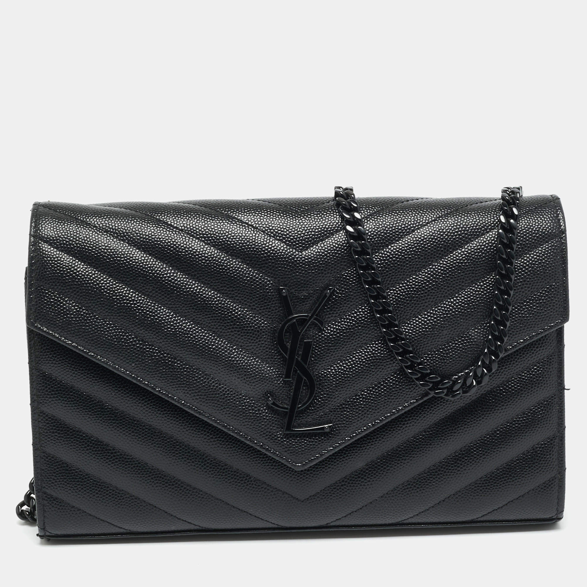 مملوكة مسبقًا Saint Laurent Monogram Envelope Black Matelassé Leather Wallet on Chain