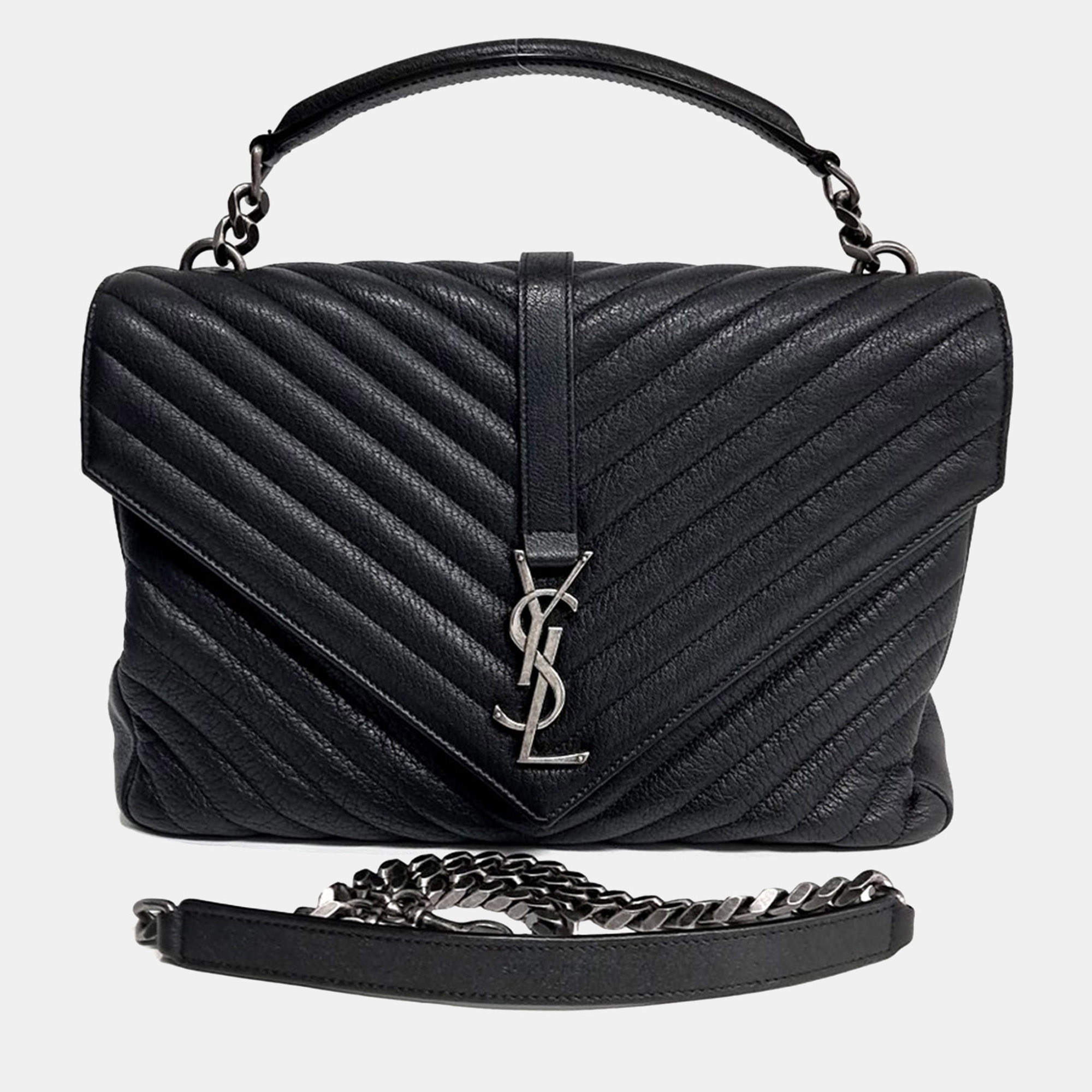 Pre Owned Saint Laurent Paris Black Leather Classic College Monogram Chain Bag