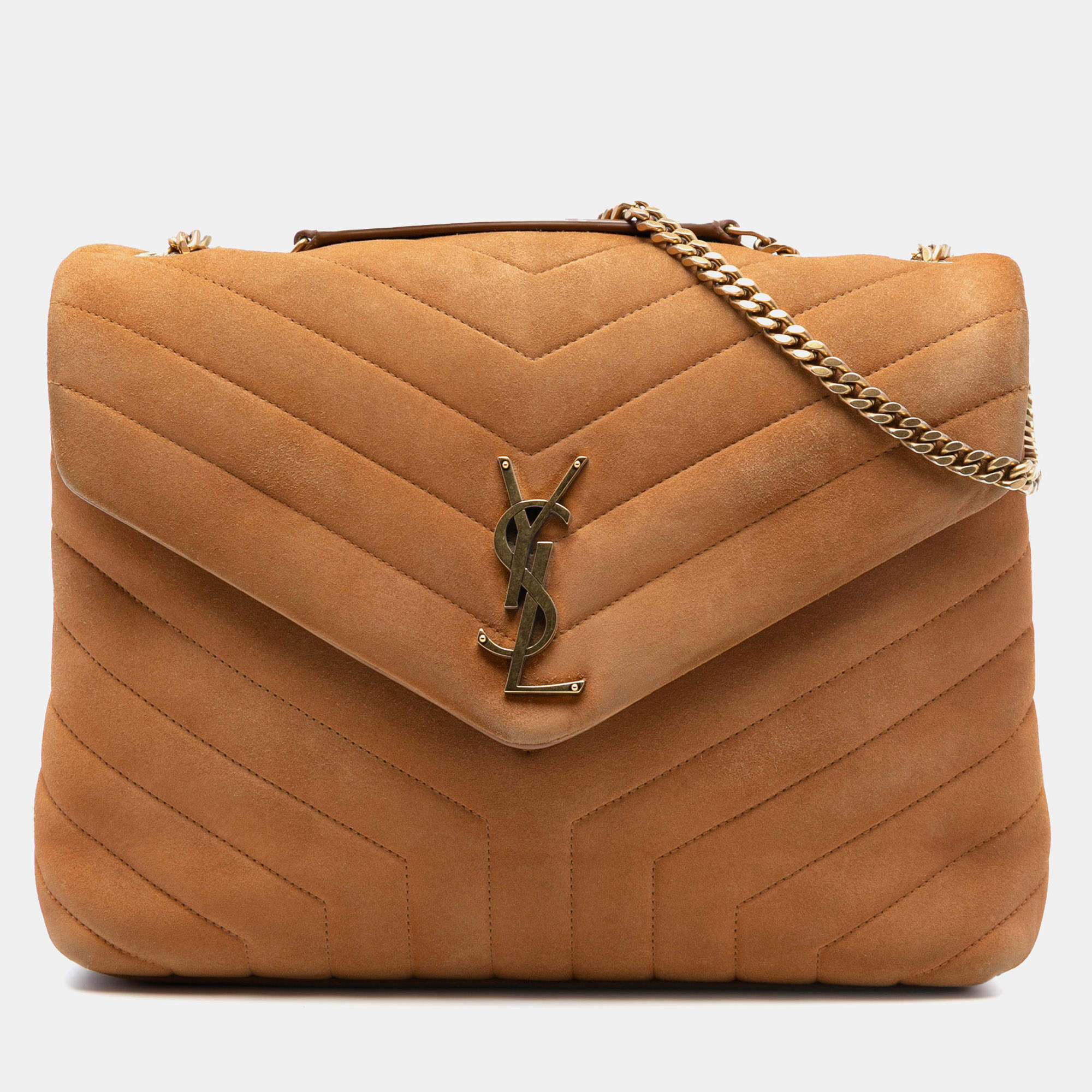 Pre Owned Saint Laurent Paris Brown Medium Matelasse Suede Monogram LouLou Chain Bag