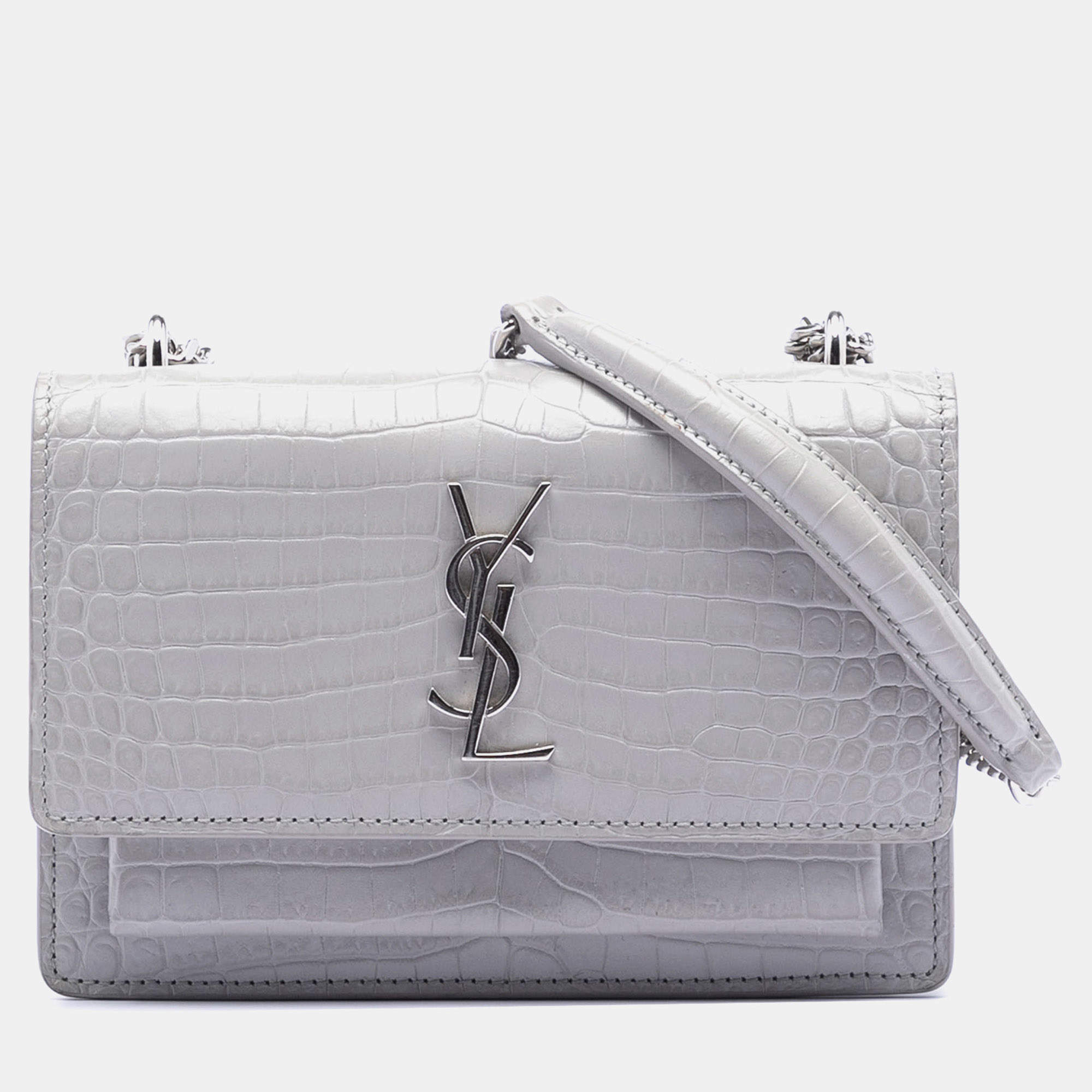 Pre Owned Saint Laurent Paris Mini Croc Embossed Leather Monogram Sunset Wallet on Chain