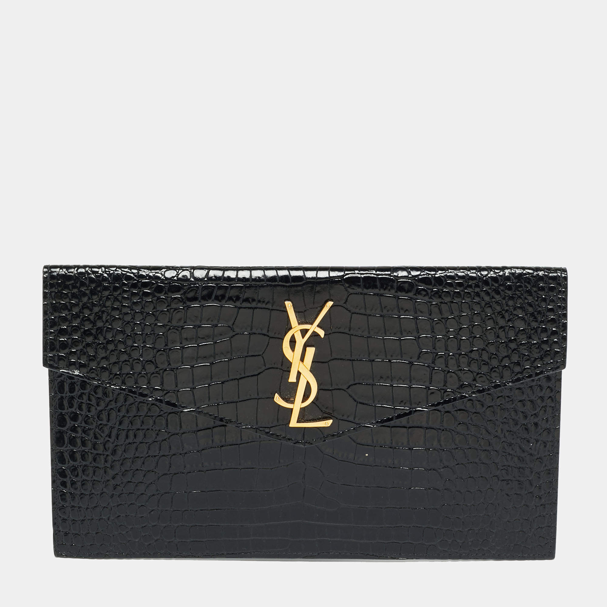 Pre Owned Saint Laurent Uptown Black Croc Embossed Leather Envelope Clutch