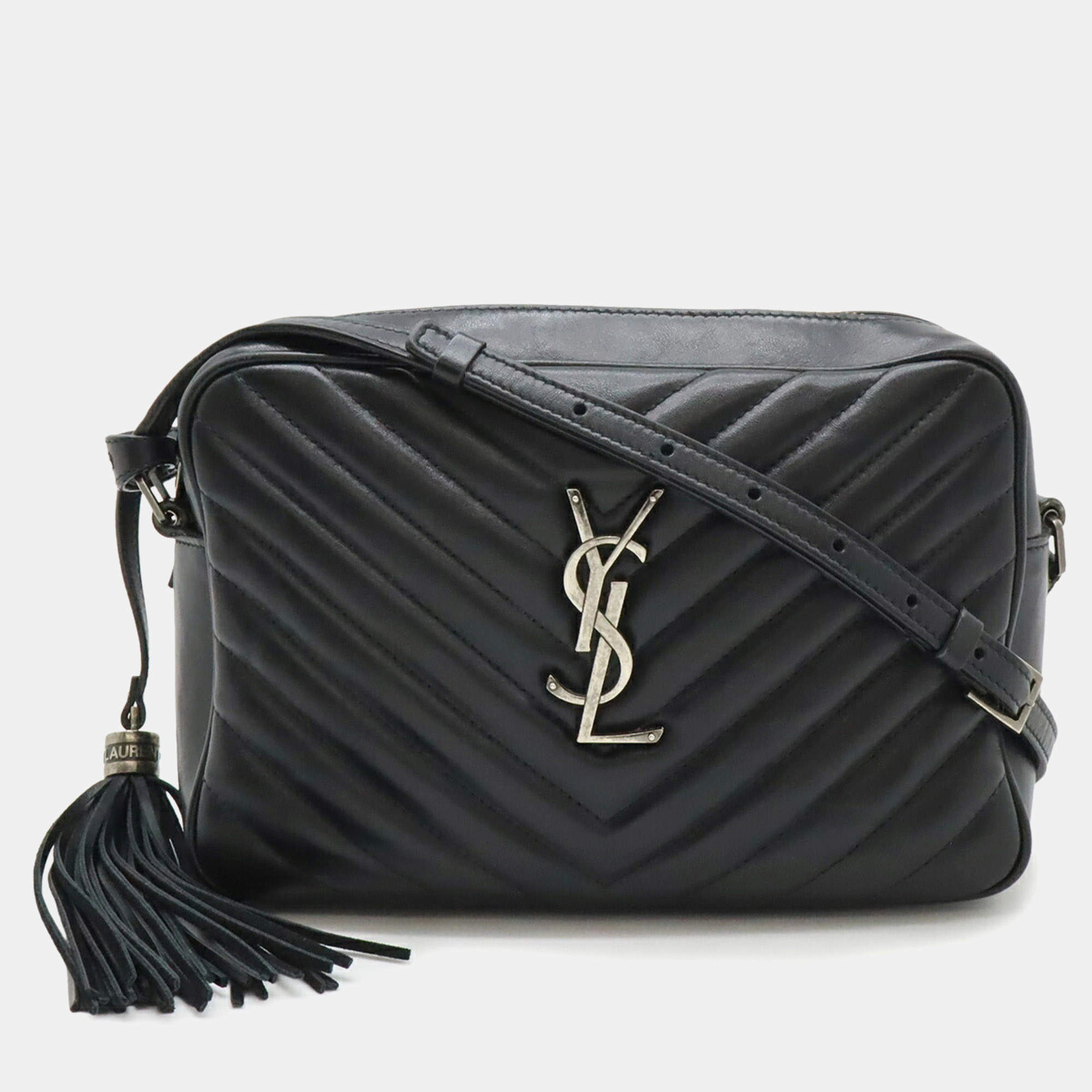 Pre Owned Yves Saint Laurent Saint Laurent Paris Ysl V-Stitched Quilted Leather Shoulder Bag In Black