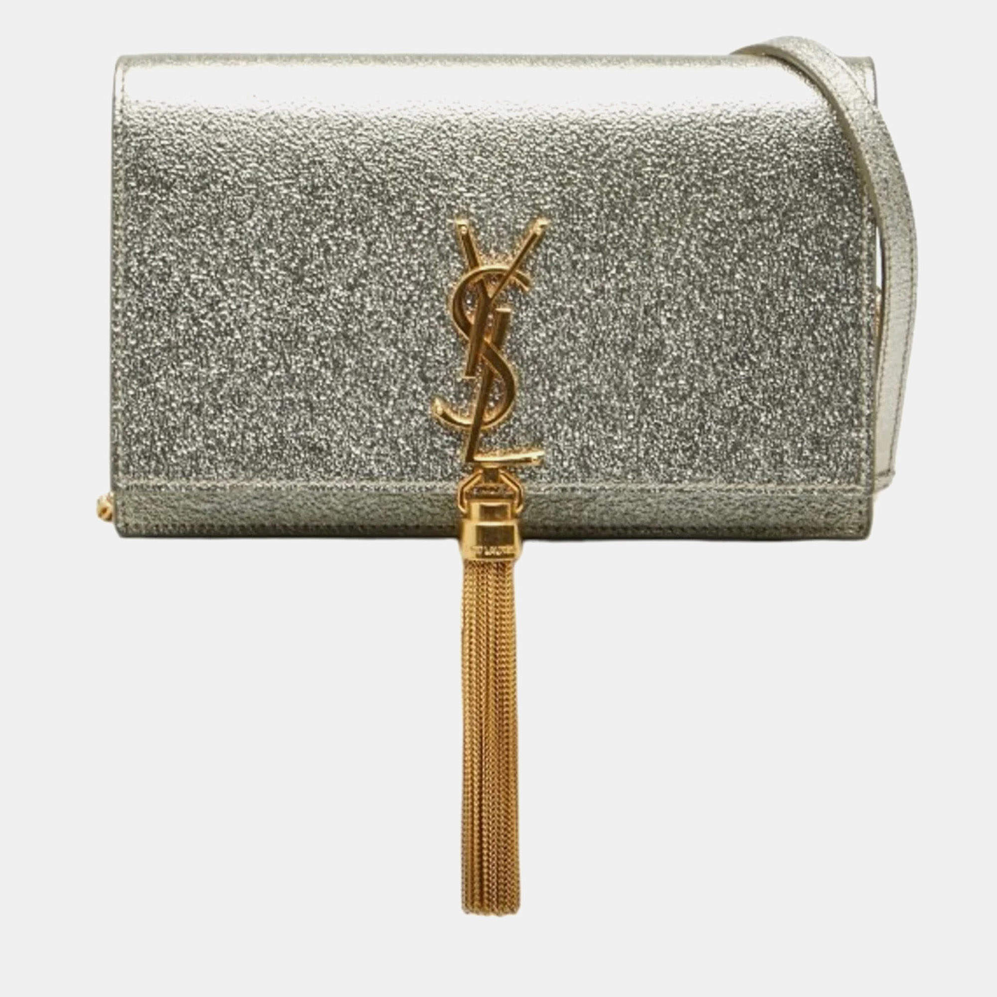 Pre Owned Saint Laurent Ysl Logo Kate Tassel Fringe Crossbody Chain Shoulder Bag In Gold Leather