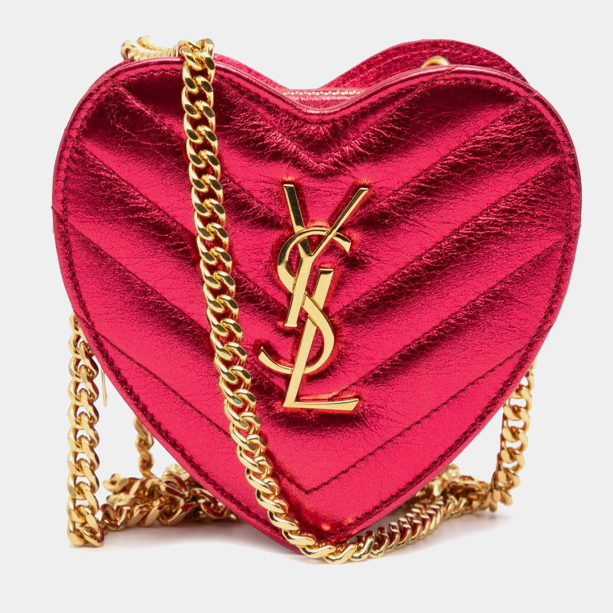 مملوكة مسبقًا Saint Laurent Ysl Logo Heart Pochette Mini Love Crossbody Chain Shoulder Bag Pink Leather