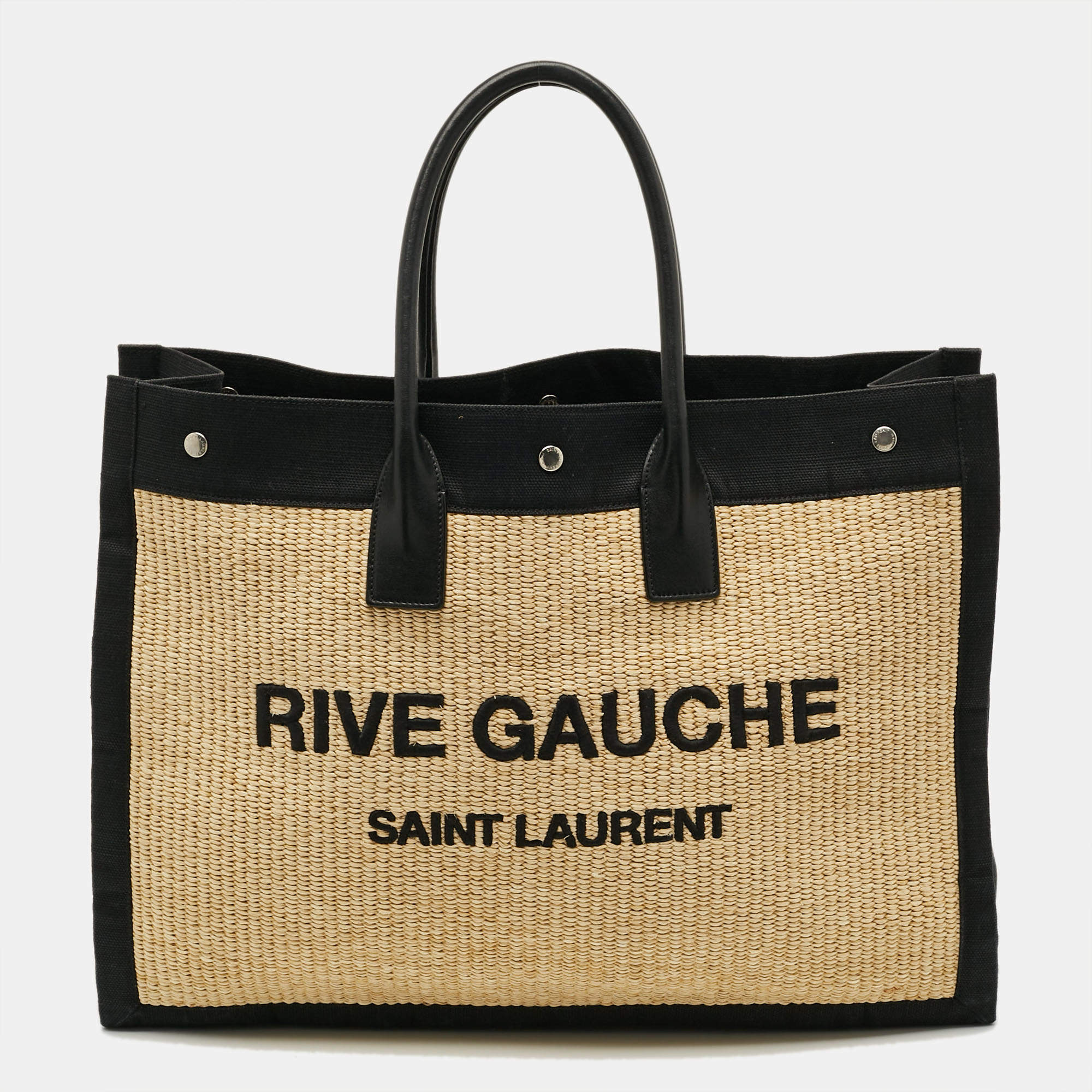 مملوكة مسبقًا Saint Laurent Rive Gauche Large Black/Natural Woven Straw Tote