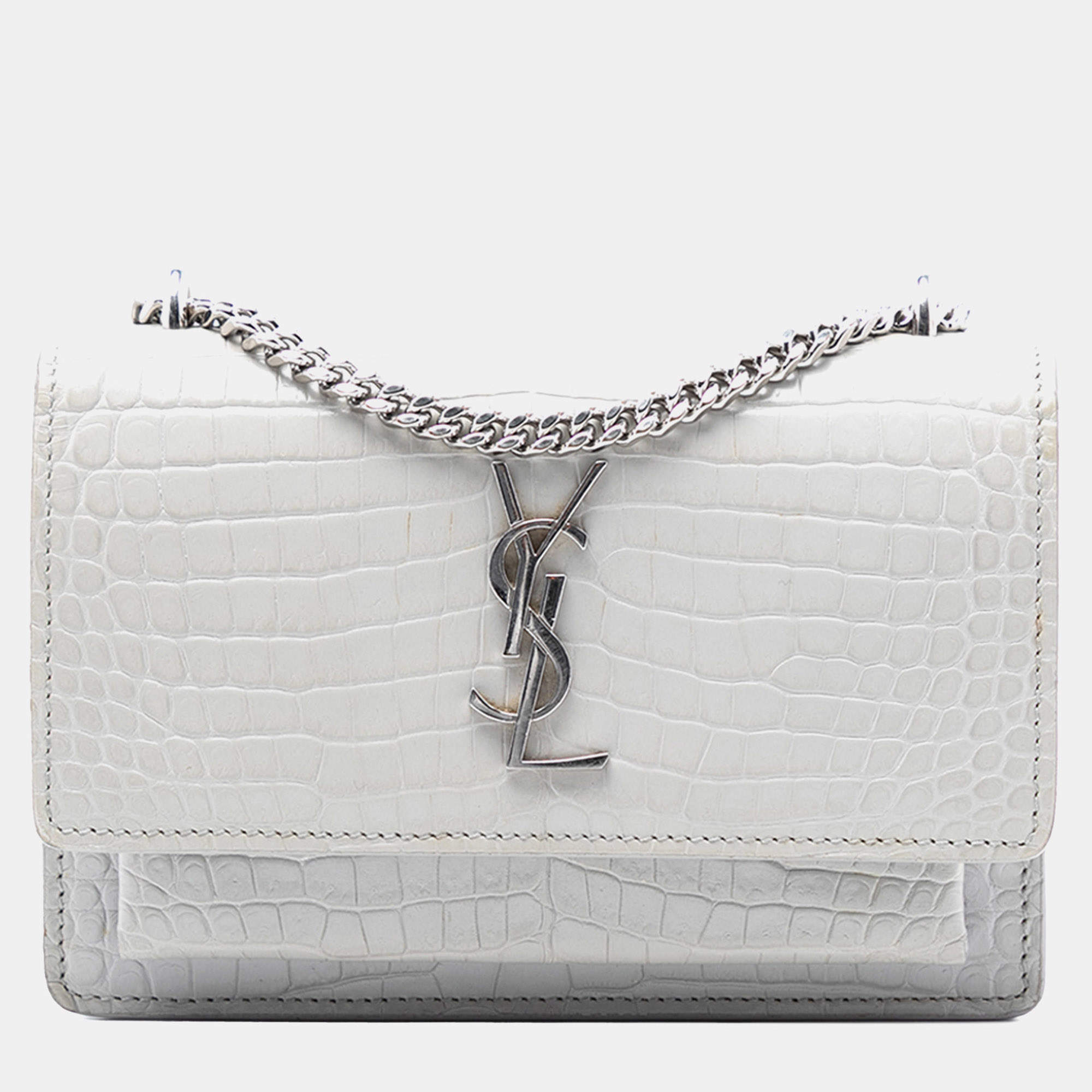 Pre Owned Saint Laurent Paris Mini Croc Embossed Leather Monogram Sunset Wallet on Chain