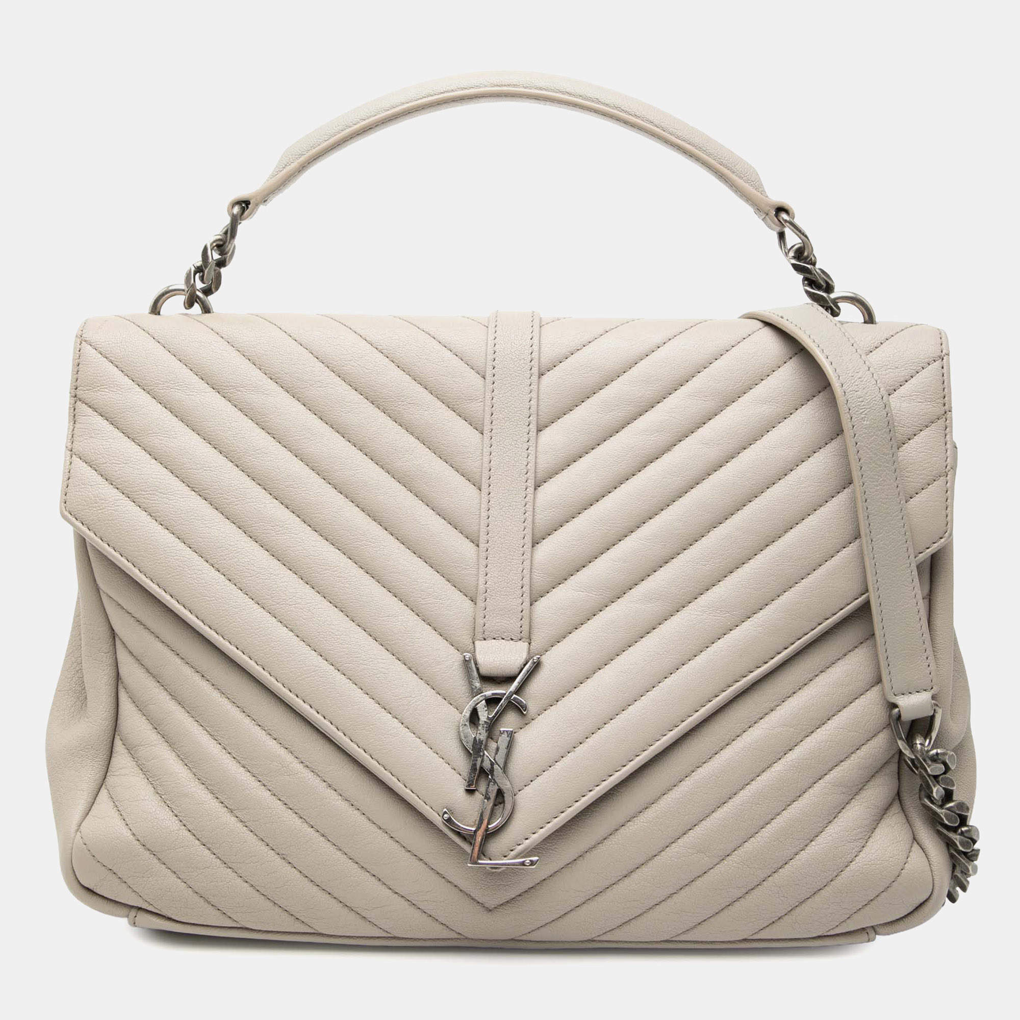 Pre Owned Saint Laurent Paris Grey Large Chevron Sheepskin Monogram College Satchel