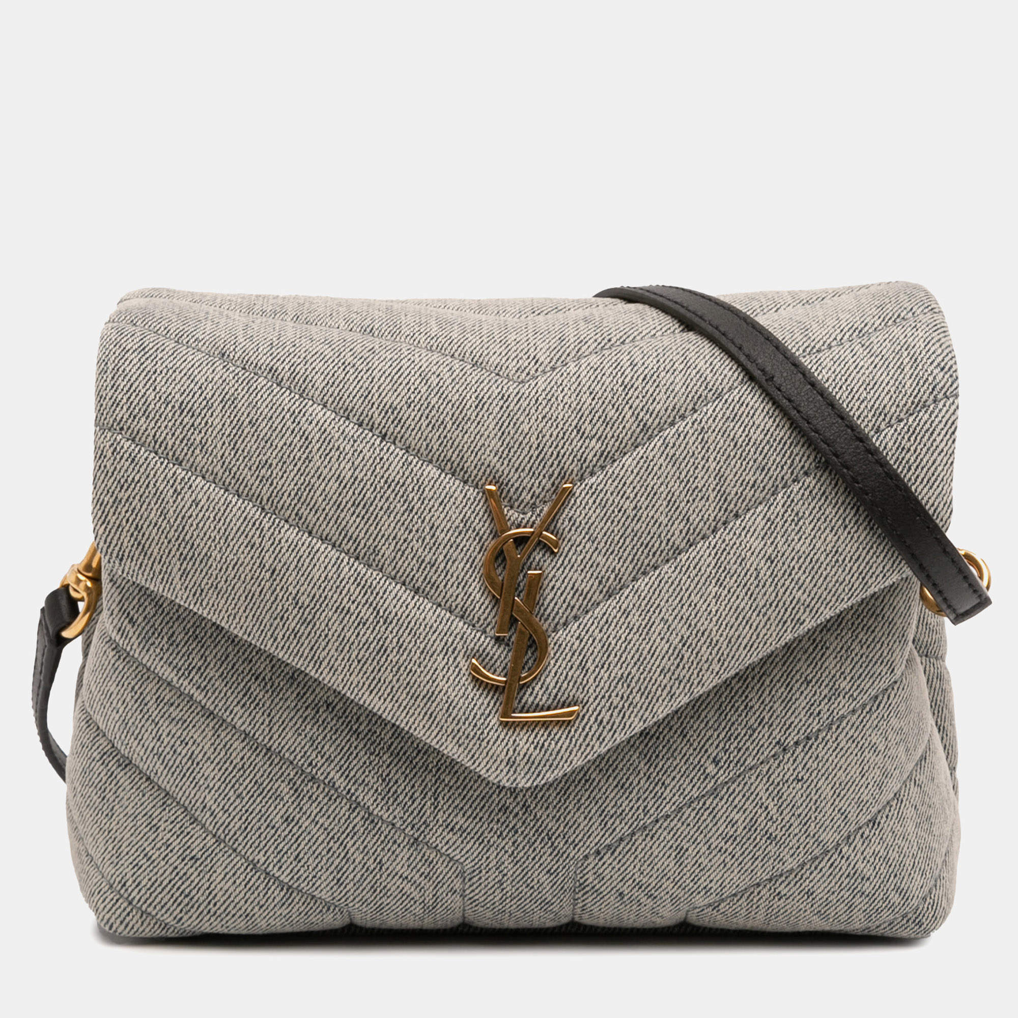 مملوكة مسبقًا حقيبة يد سان لوران باريس لو لو موضبة قماش الدنيم أزرق مع سلسلة عبر الجسم مونوغرام