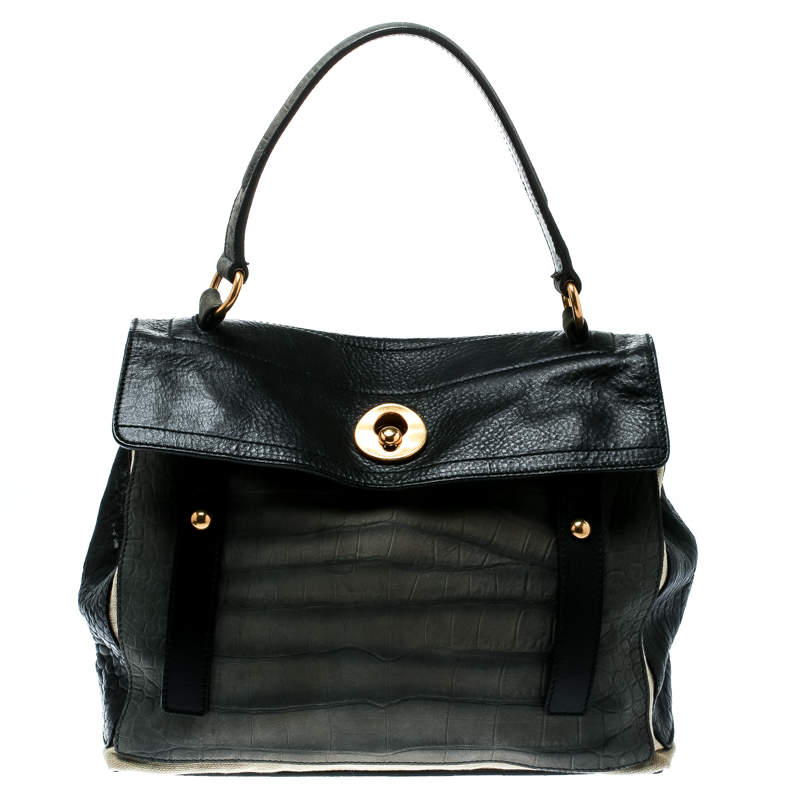 Pre Owned Saint Laurent Tri Color Leather and Canvas Muse Two Satchel