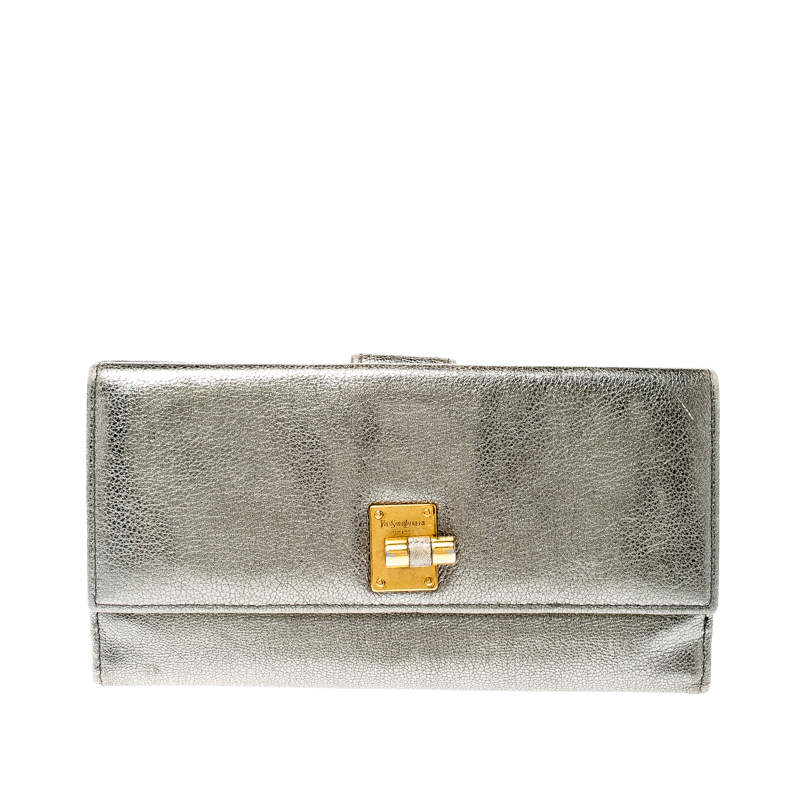 Yves Saint Laurent Grey Metallic Leather Turn Lock Flap Wallet