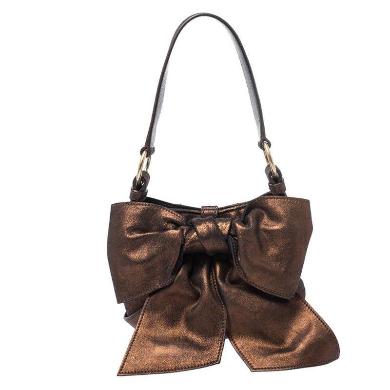 Pre Owned Yves Saint Laurent Metallic Bronze Leather Mini Sac Bow Shoulder Bag