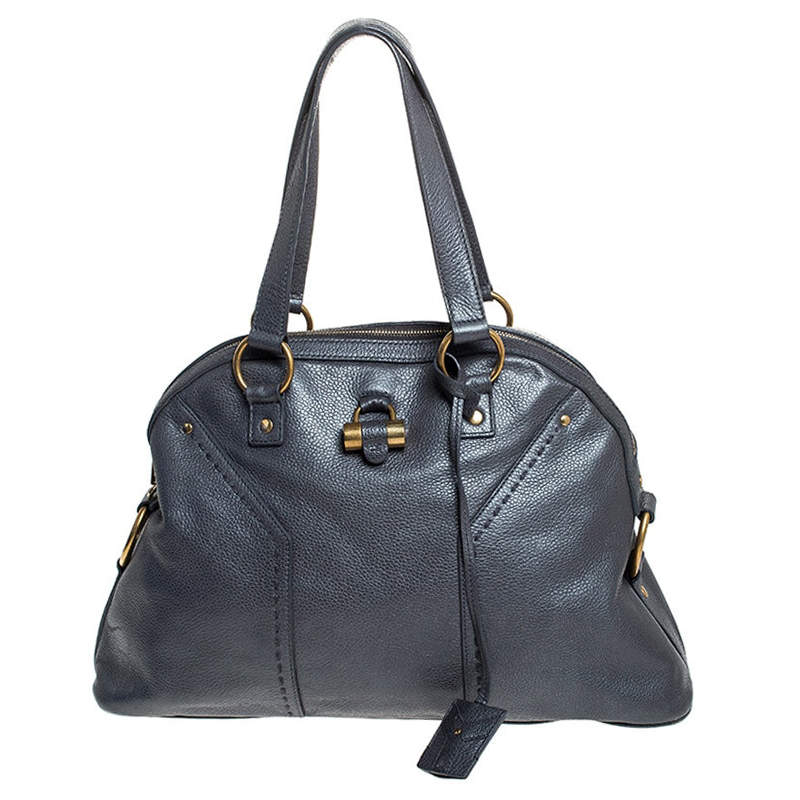 Pre Owned Yves Saint Laurent Metallic Grey Leather Medium Muse Satchel