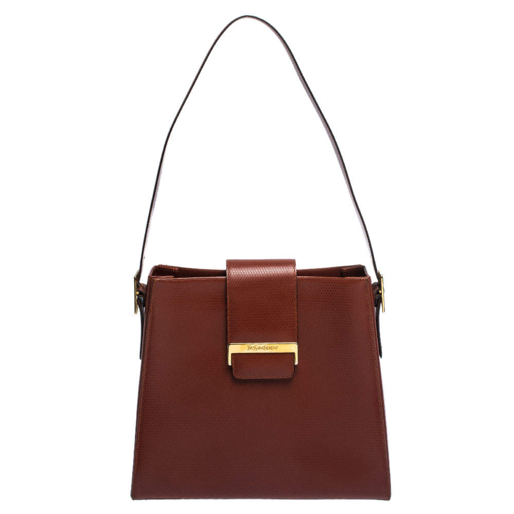 Pre Owned Saint Laurent Red Lizard Embossed Leather Shoulder Bag