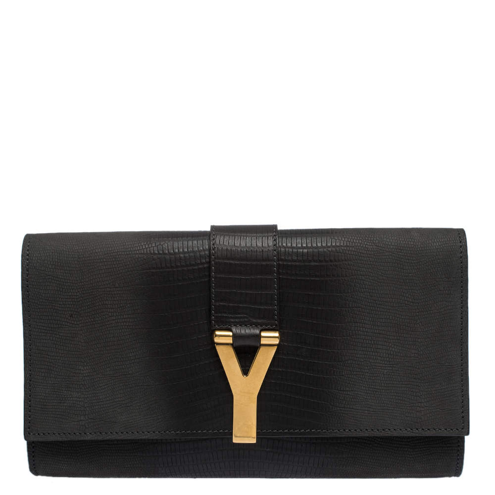 Pre Owned حقيبة كلتش سان لوران باريس شيك كبيرة جلد نقش سحلية رمادية