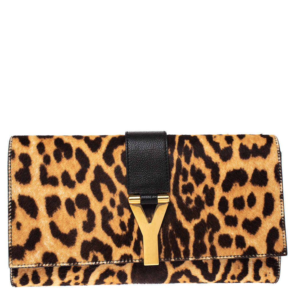 مملوكة مسبقًا Saint Laurent Brown/Black Leopard Print Calf Hair and Leather Chyc Clutch
