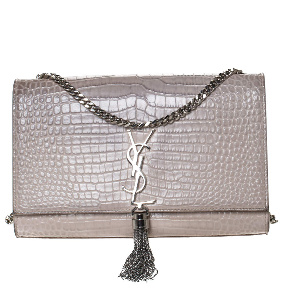 Saint Laurent Vanilla Croc Embossed Leather Medium Kate Tassel Shoulder Bag