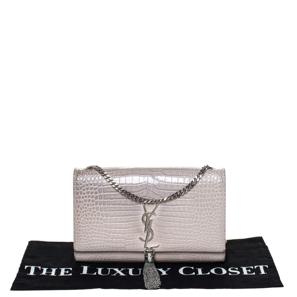 Saint Laurent Vanilla Croc Embossed Leather Medium Kate Tassel