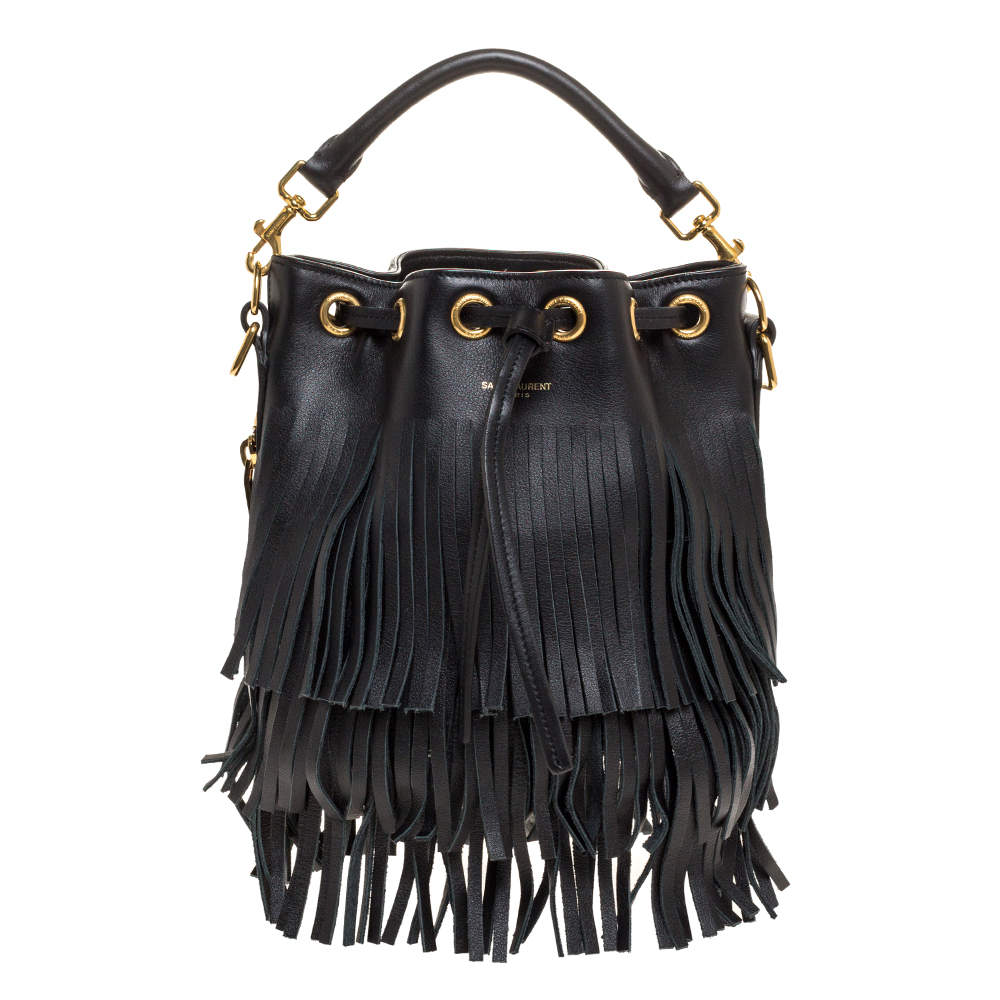 Pre Owned Saint Laurent Black Leather Small Emmanuelle Fringed Bucket Bag