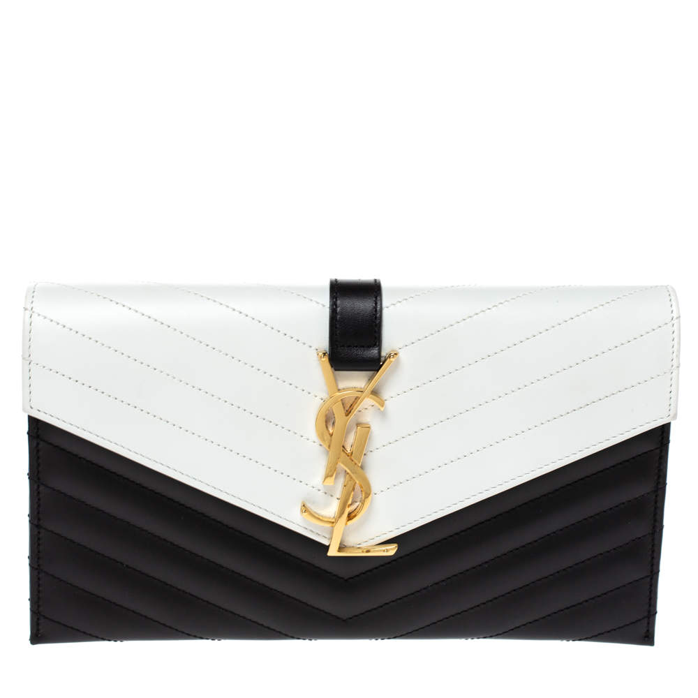 Saint Laurent Black/White Matelassé Leather Envelope Clutch        