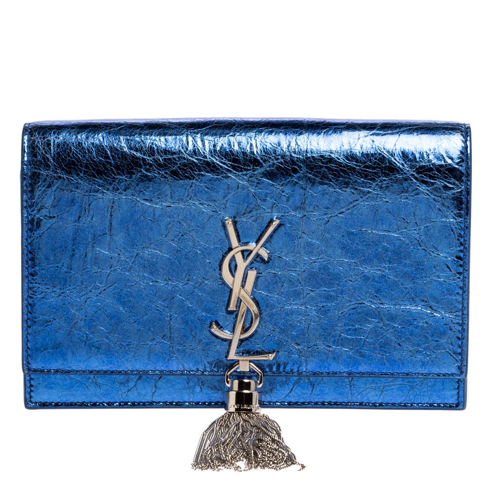 Pre Owned Saint Laurent Metallic Blue Crackled Leather Kate Tassel Wallet on Chain 