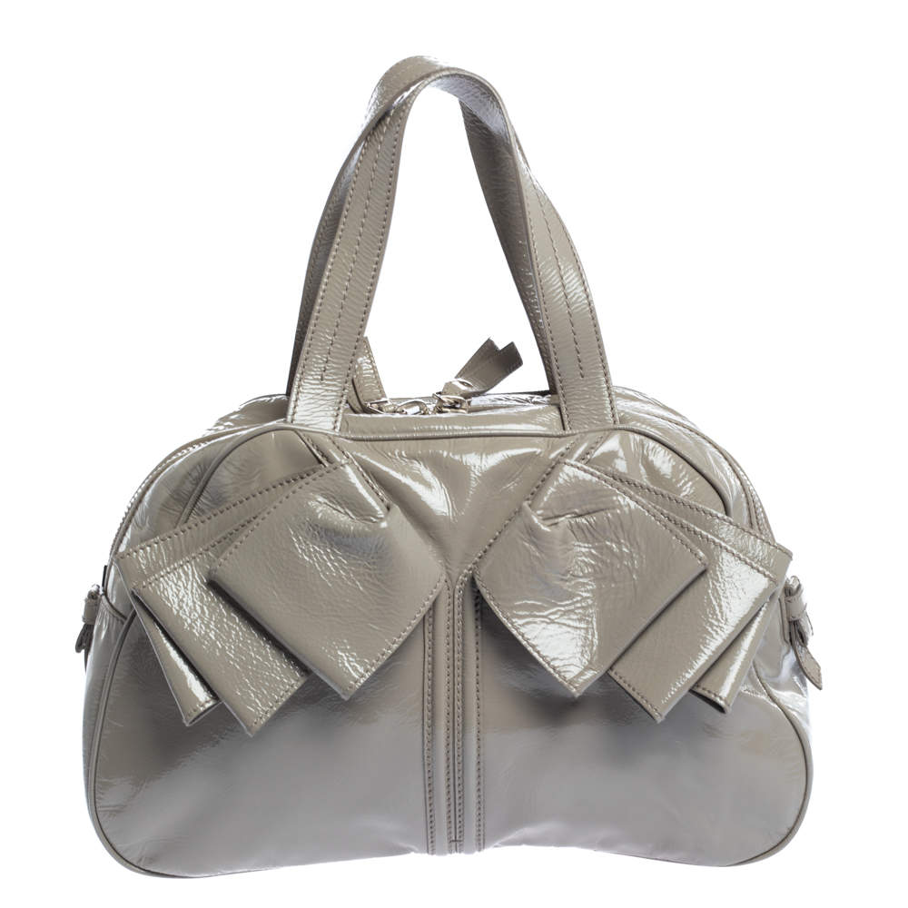 grey patent handbag