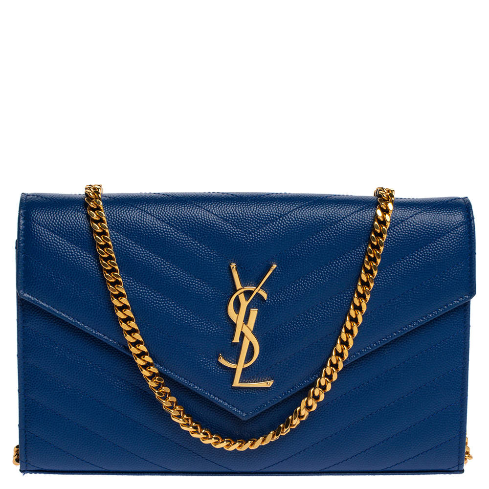 Pre Owned Saint Laurent Blue Matelasse Leather Monogram Envelope Wallet on Chain