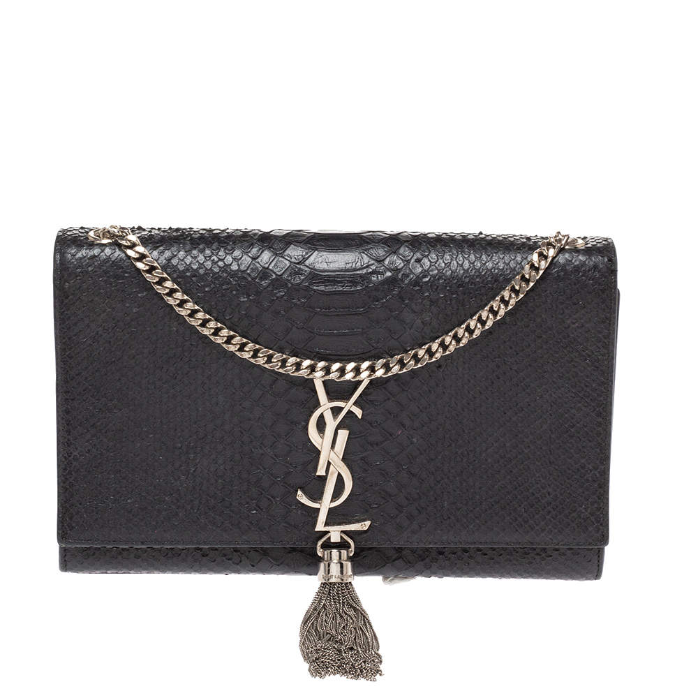 مملوكة مسبقًا حقيبة كتف سان لوران كاتي شراشيب متوسطة جلد ثعبان سوداء