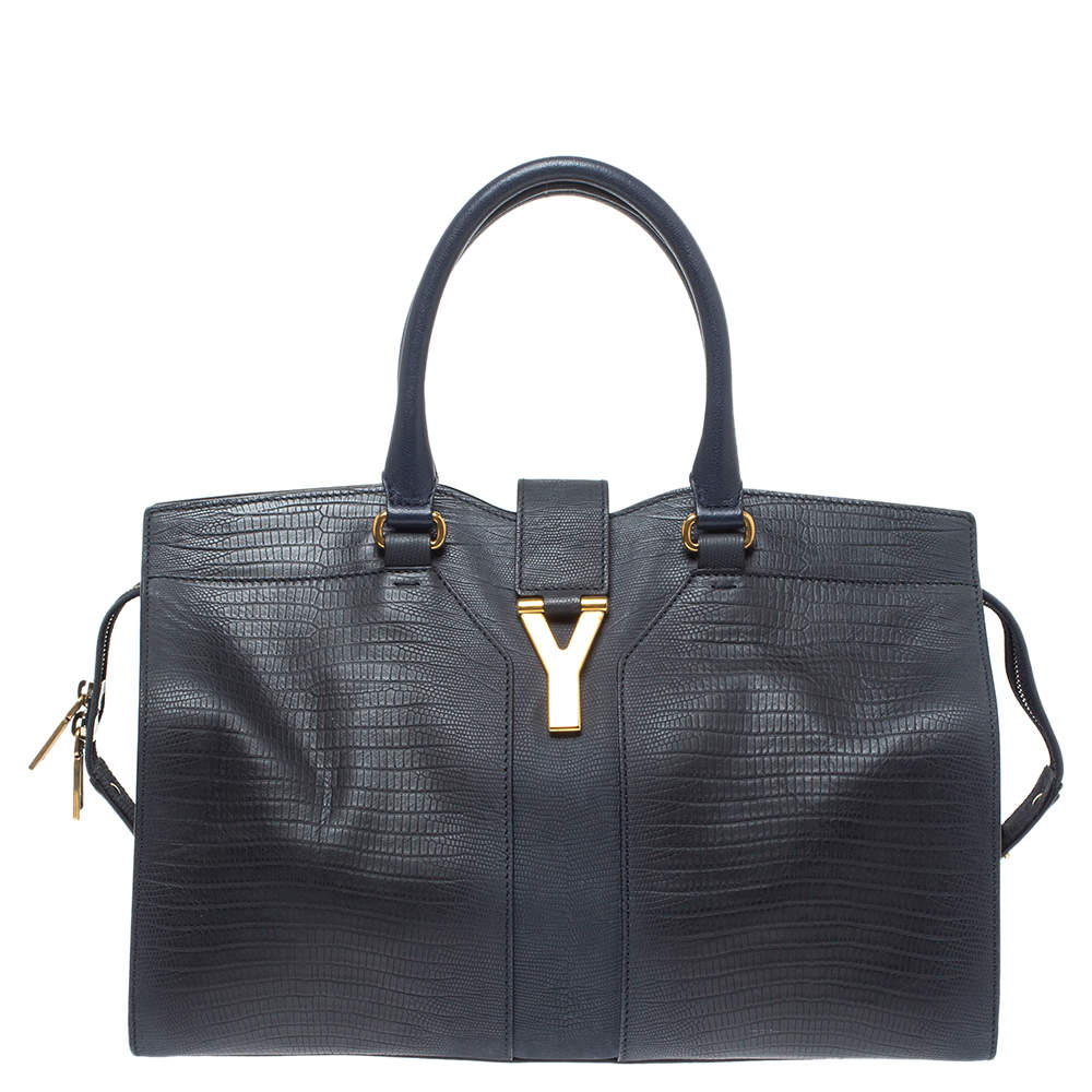 Pre Owned Yves Saint Laurent Navy Blue Lizard Embossed Leather Medium Cabas Y-Ligne Tote