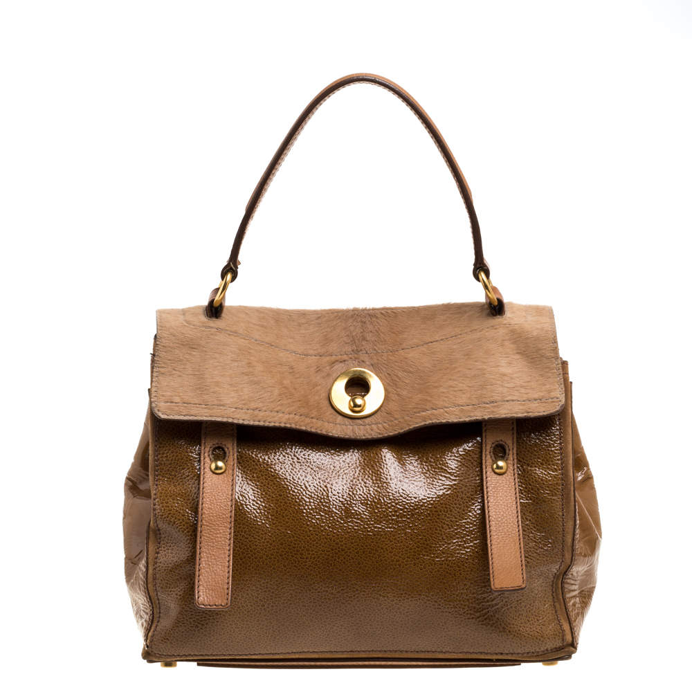 Pre Owned حقيبة ايف سان لوران موسي تو متوسطة سويدي و جلد لامع و شعر عجل بني فاتح