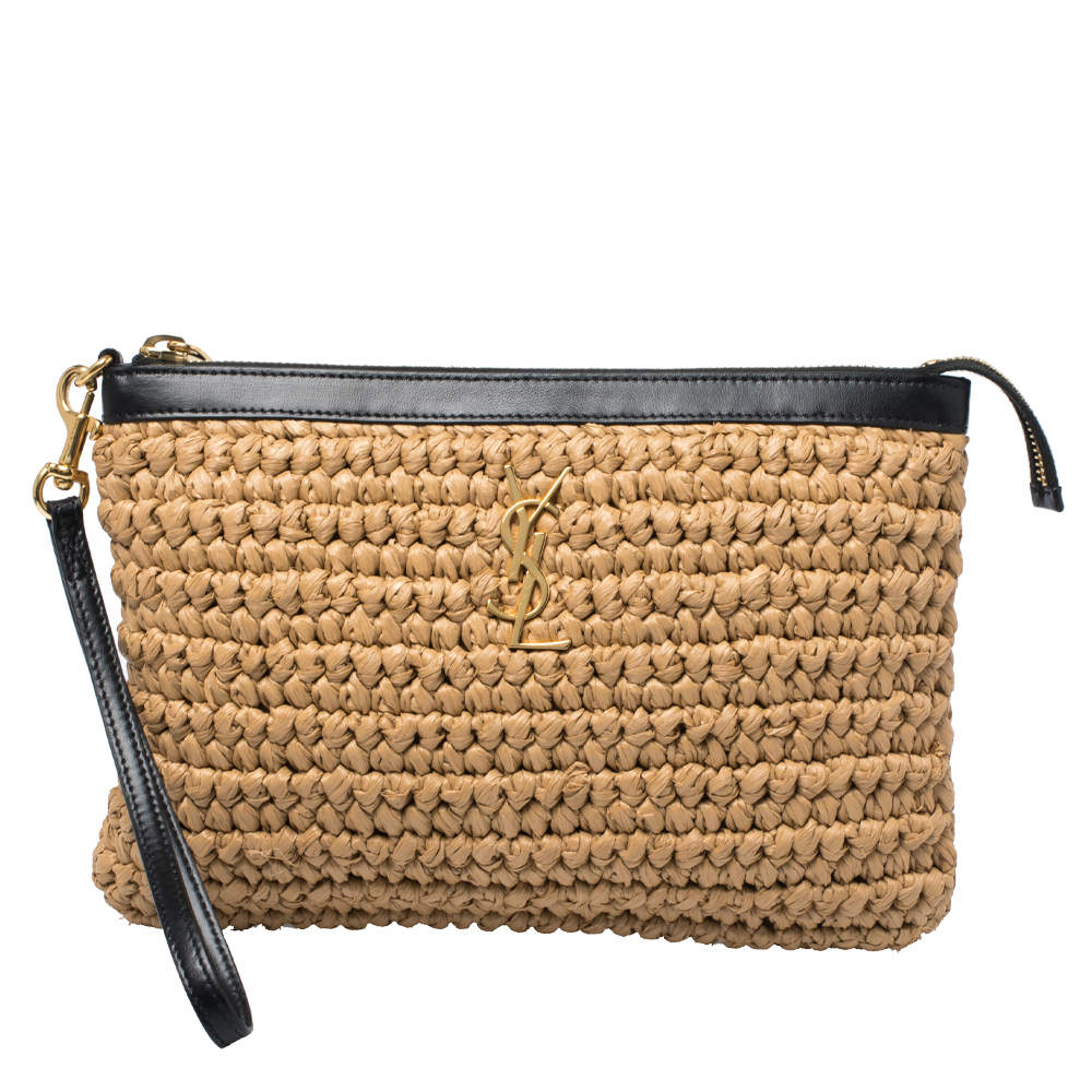 مملوكة مسبقًا حقيبة كلتش معصم سان لوران جلد وقش سوداء / بيج 