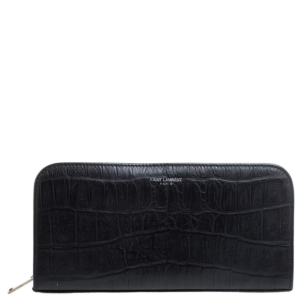 Saint Laurent Black Croc Embossed Leather Classic Zip Around Wallet