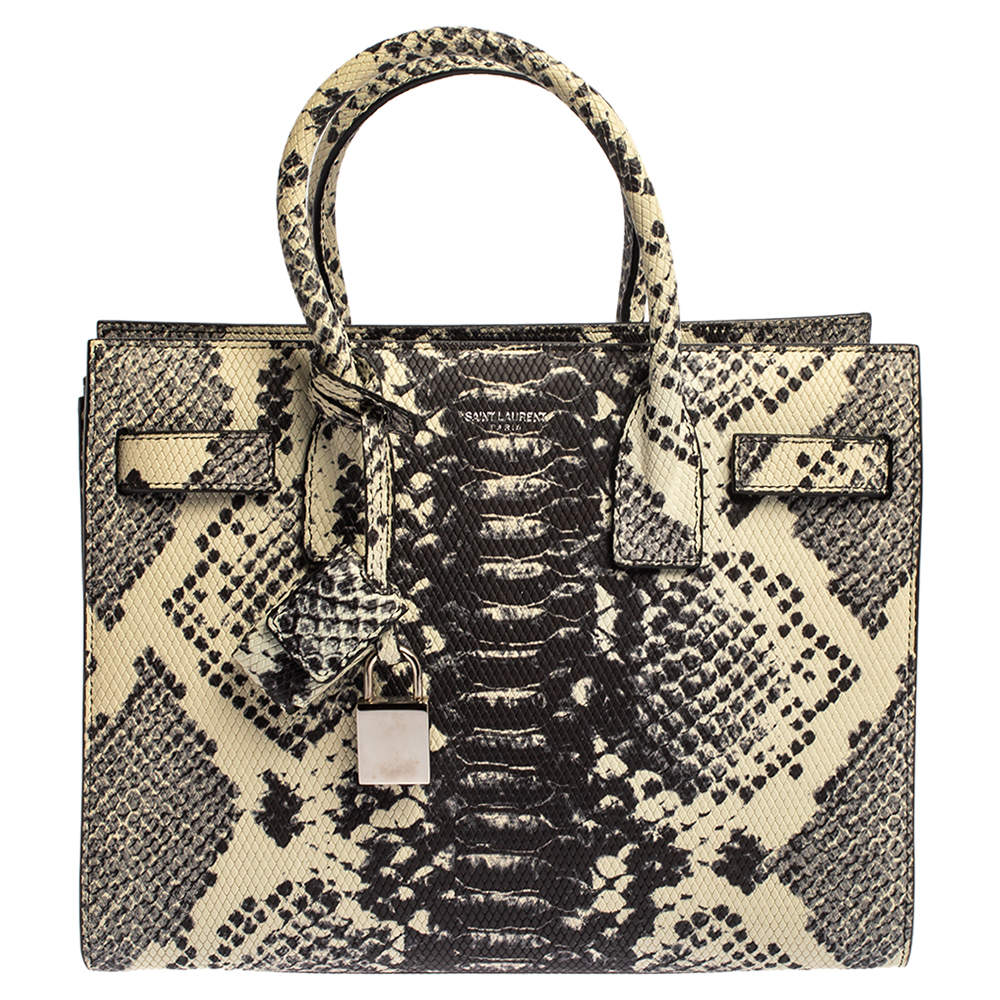 Pre Owned Saint Laurent Black/White Python Embossed Leather Baby Classic Sac De Jour Tote