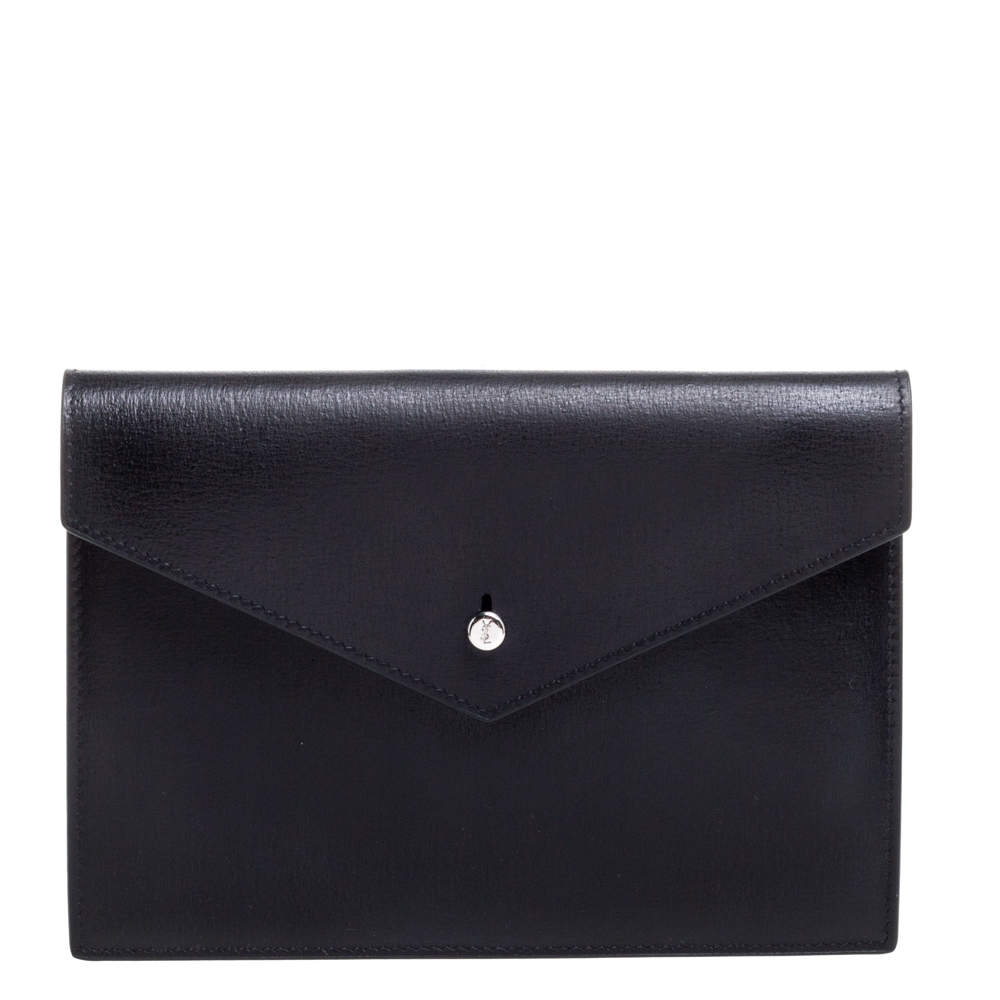 Pre Owned Saint Laurent Black Leather Envelope Flap Slim Pouch 