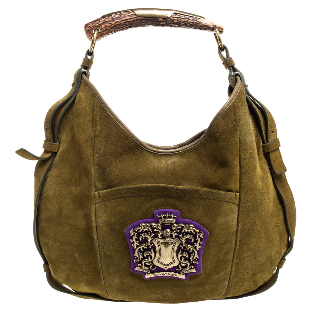 Pre Owned Yves Saint Laurent Olive Green Suede Crest Mombasa Hobo