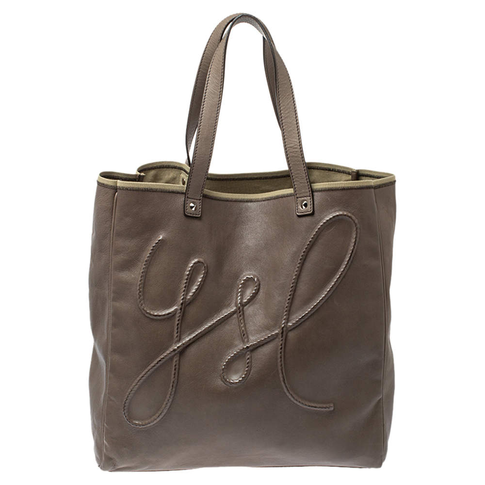 Pre Owned حقيبة يد شوبر سان لوران جلد كاكيه