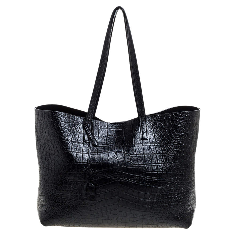 Pre Owned حقيبة يد شوبر سان لوران جلد نقش تمساح سوداء 