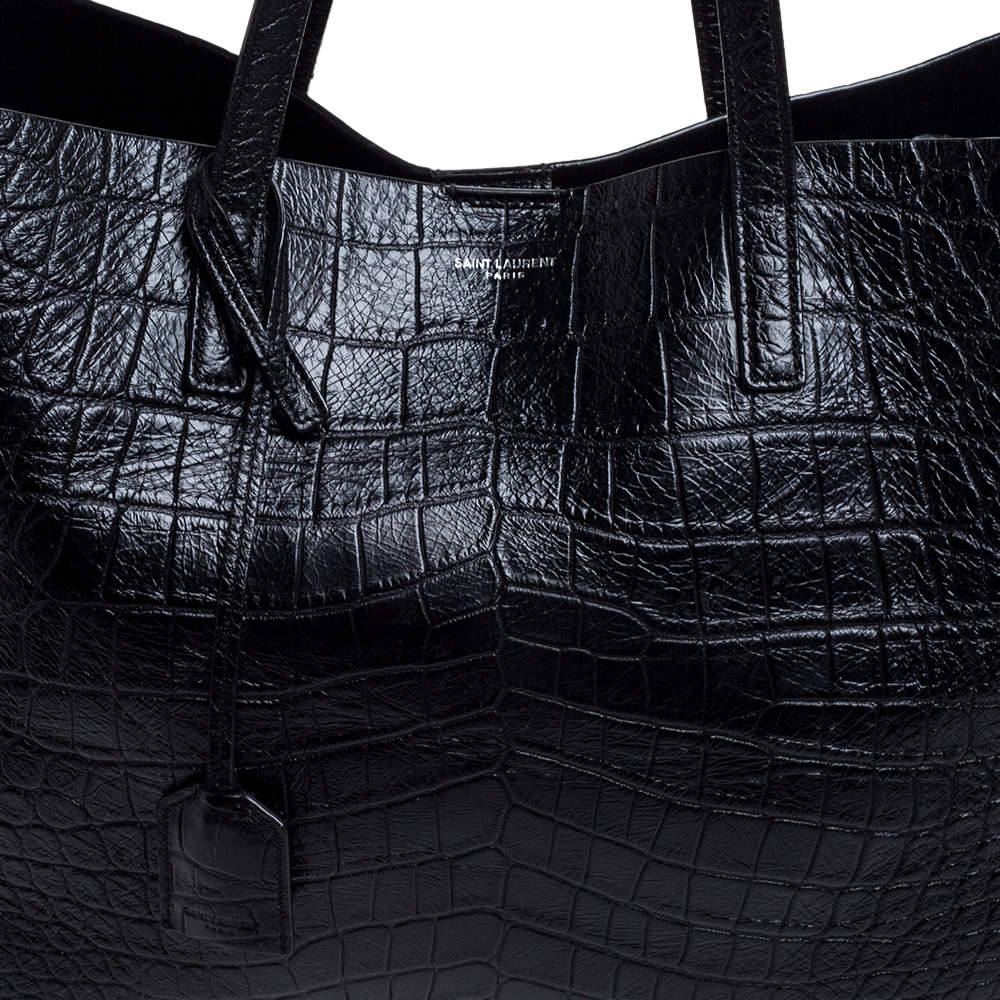Saint Laurent Shopping Bag N/s Toy In Crocodile-embossed Suede And Leather  in Brown