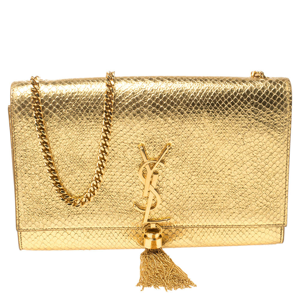 YSL Python-effect Leather Gold Handbag/Clutch (Original), Women's