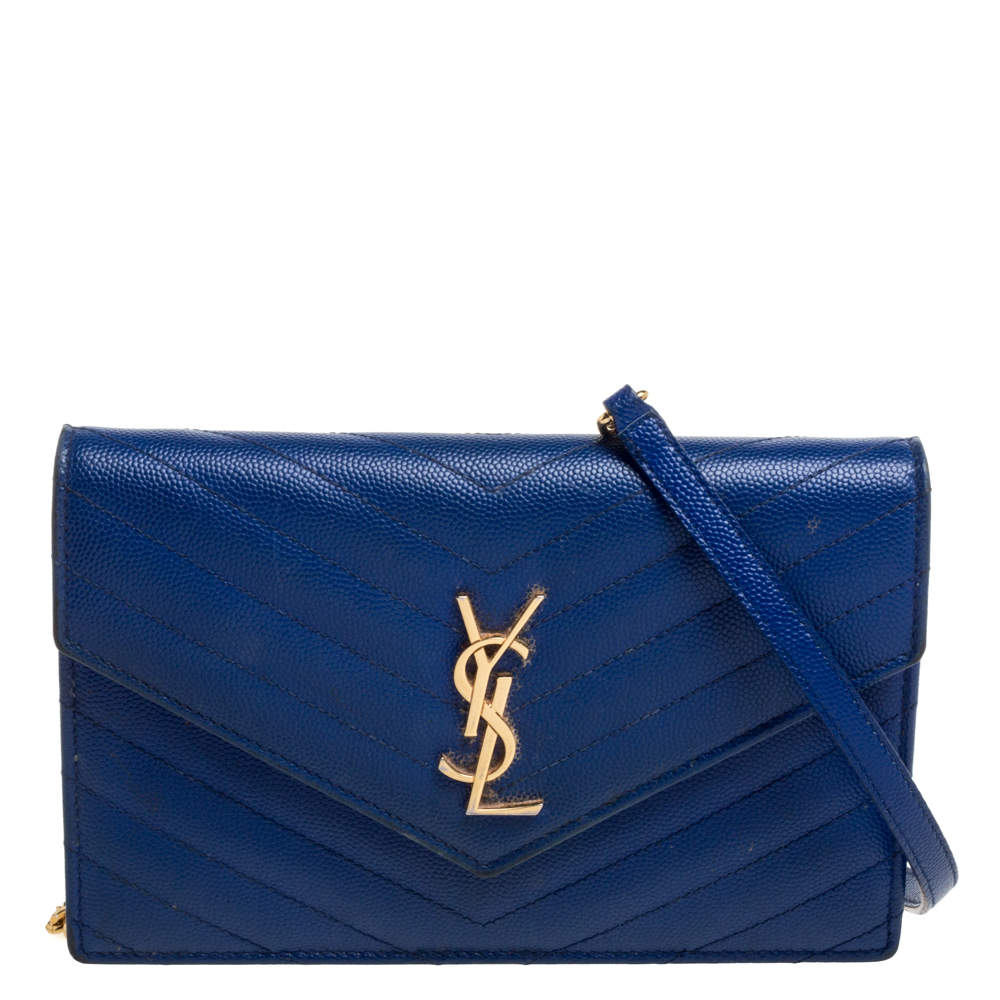 مملوكة مسبقًا Saint Laurent Blue Matelassé Leather Monogram Envelope Wallet on Chain