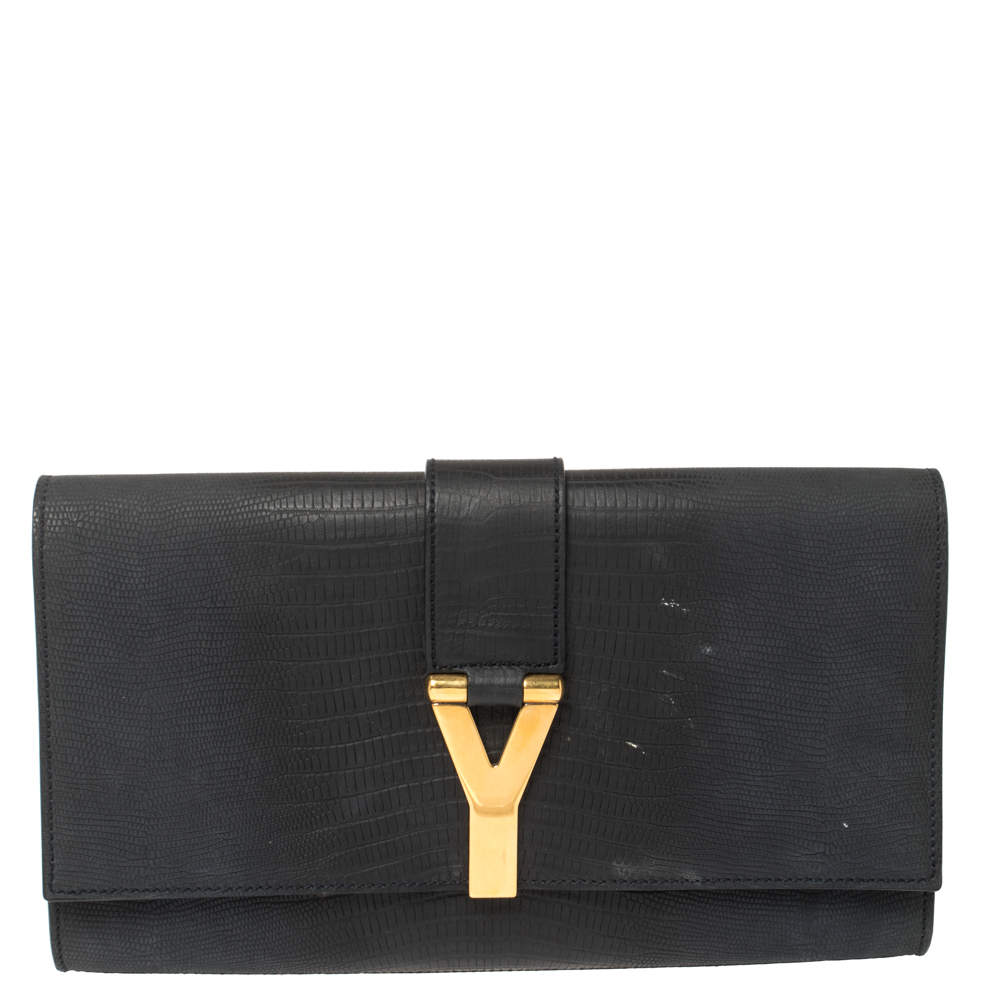 Pre Owned Yves Saint Laurent Navy Blue Lizard Embossed Leather Y-Ligne Clutch