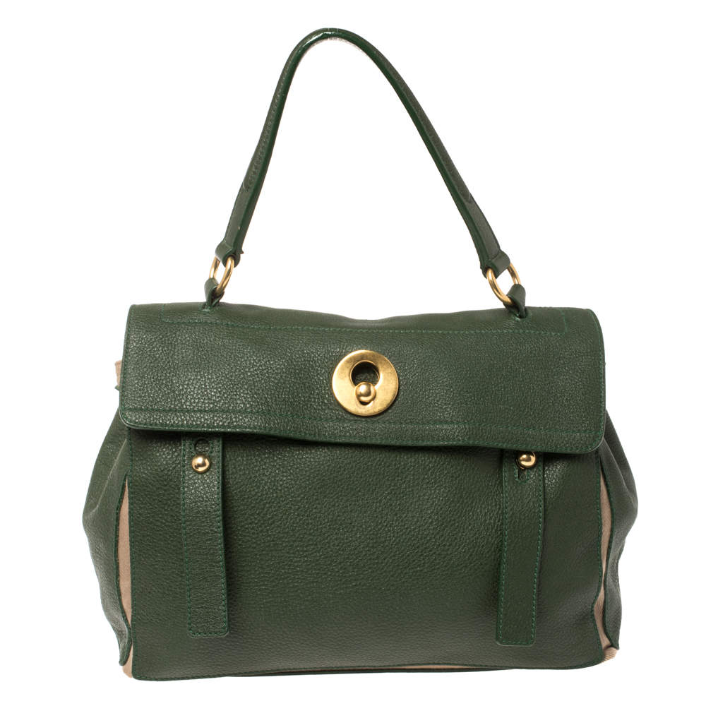 Pre Owned Yves Saint Laurent Green/Beige Leather and Canvas Medium Muse Two Satchel