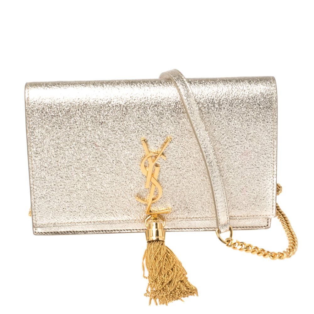 Saint Laurent Gold Textured Leather Kate Wallet on Chain