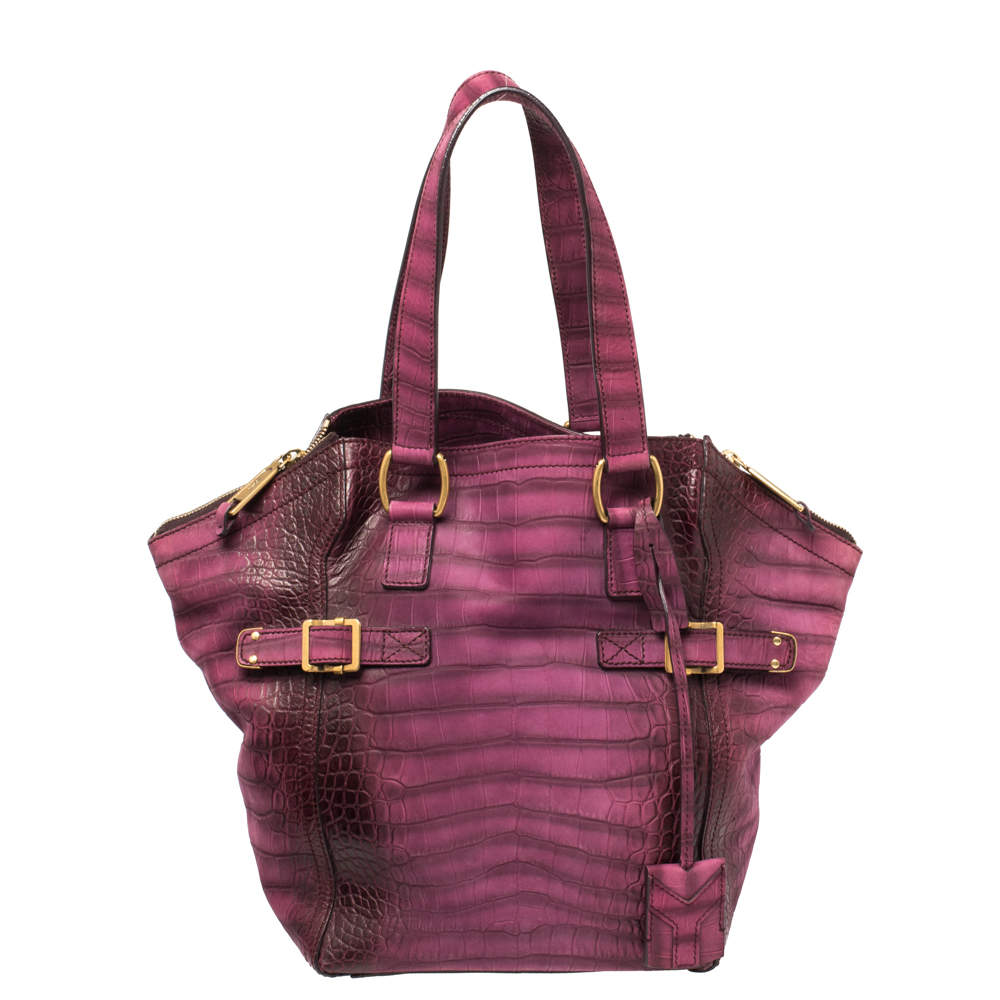 Pre Owned Yves Saint Laurent Purple Croc Embossed Leather Small Downtown Tote